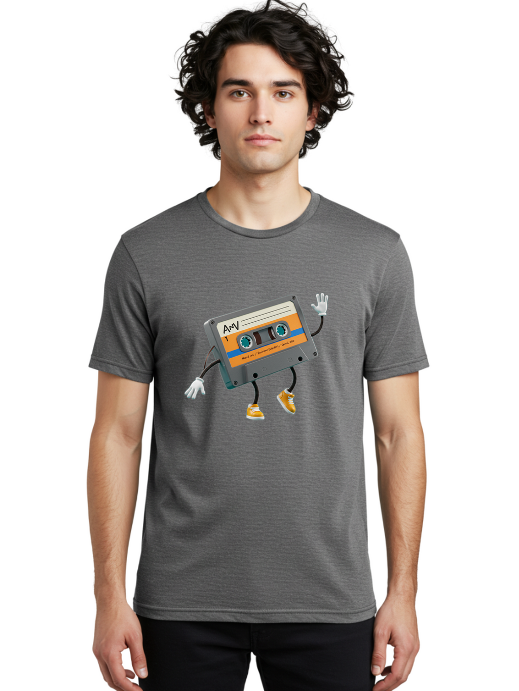 Cassette-Tape-1 Men'S Graphic Tee, 100% Cotton, Comfortable Casual Summer Wear, Machine Washable, Cartoon Cassette Tape, Anthropomorphic Character, Retro Music, Orange Sneakers, Waving Gesture, Fun Design, Nostalgic Vibe, Playful Illustration, Baa259