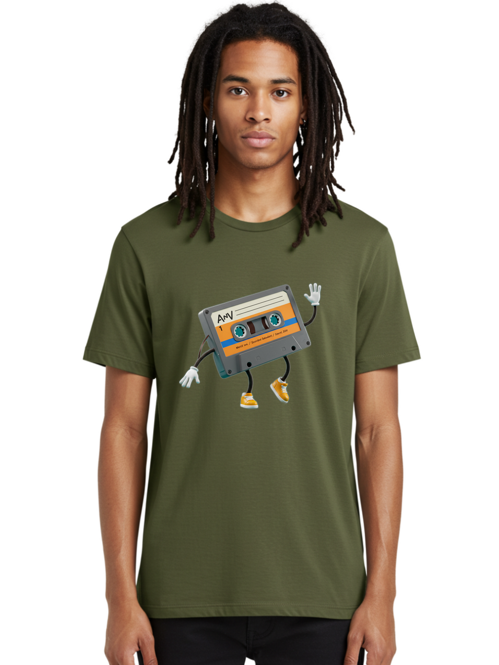 Cassette-Tape-1 Men'S Graphic Tee, 100% Cotton, Comfortable Casual Summer Wear, Machine Washable, Cartoon Cassette Tape, Anthropomorphic Character, Retro Music, Orange Sneakers, Waving Gesture, Fun Design, Nostalgic Vibe, Playful Illustration, Baa259