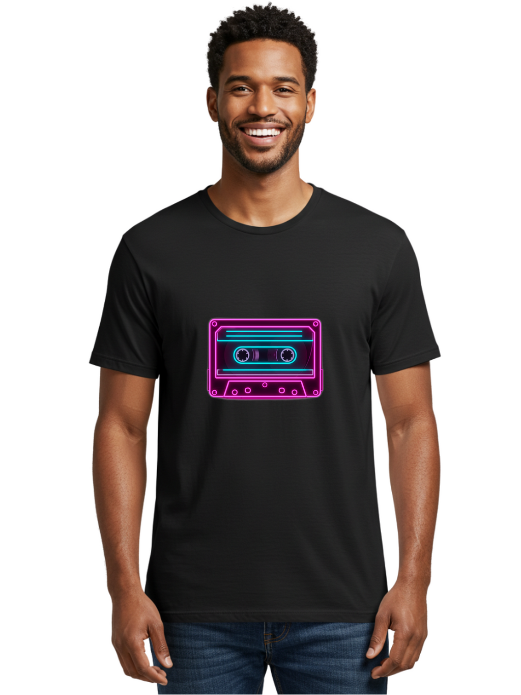 Cassette-Tape-2 Men'S Graphic Tee, 100% Cotton, Comfortable Casual Summer Wear, Machine Washable, Retro Cassette Tape, Neon Lights, Colorful, Nostalgic Music, 80S And 90S Vibe, Music Technology, Audio Nostalgia, Vintage Electronics, Baa260