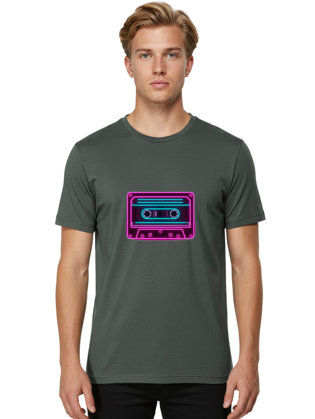 Cassette-Tape-2 Men'S Graphic Tee, 100% Cotton, Comfortable Casual Summer Wear, Machine Washable, Retro Cassette Tape, Neon Lights, Colorful, Nostalgic Music, 80S And 90S Vibe, Music Technology, Audio Nostalgia, Vintage Electronics, Baa260