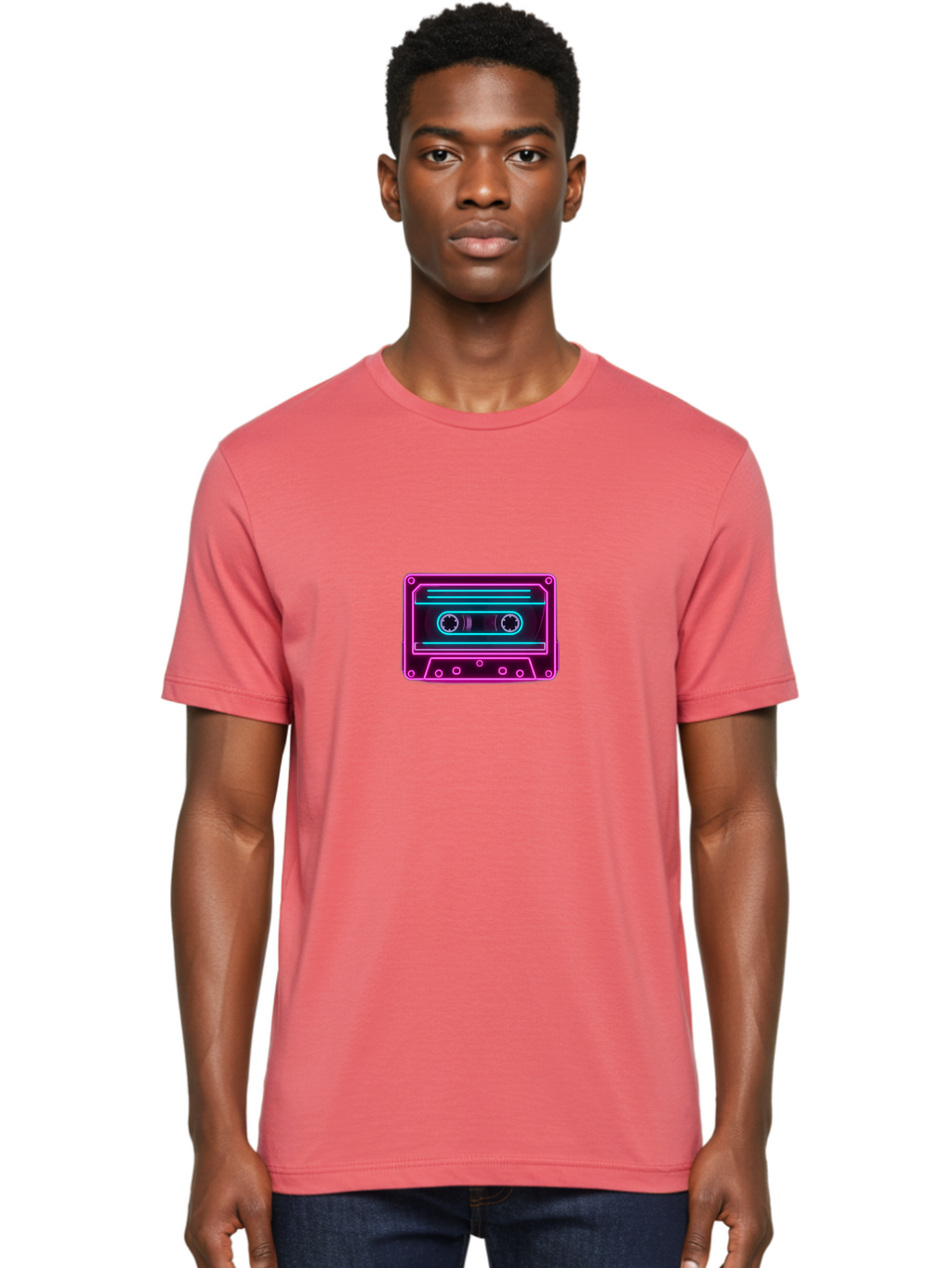 Cassette-Tape-2 Men'S Graphic Tee, 100% Cotton, Comfortable Casual Summer Wear, Machine Washable, Retro Cassette Tape, Neon Lights, Colorful, Nostalgic Music, 80S And 90S Vibe, Music Technology, Audio Nostalgia, Vintage Electronics, Baa260