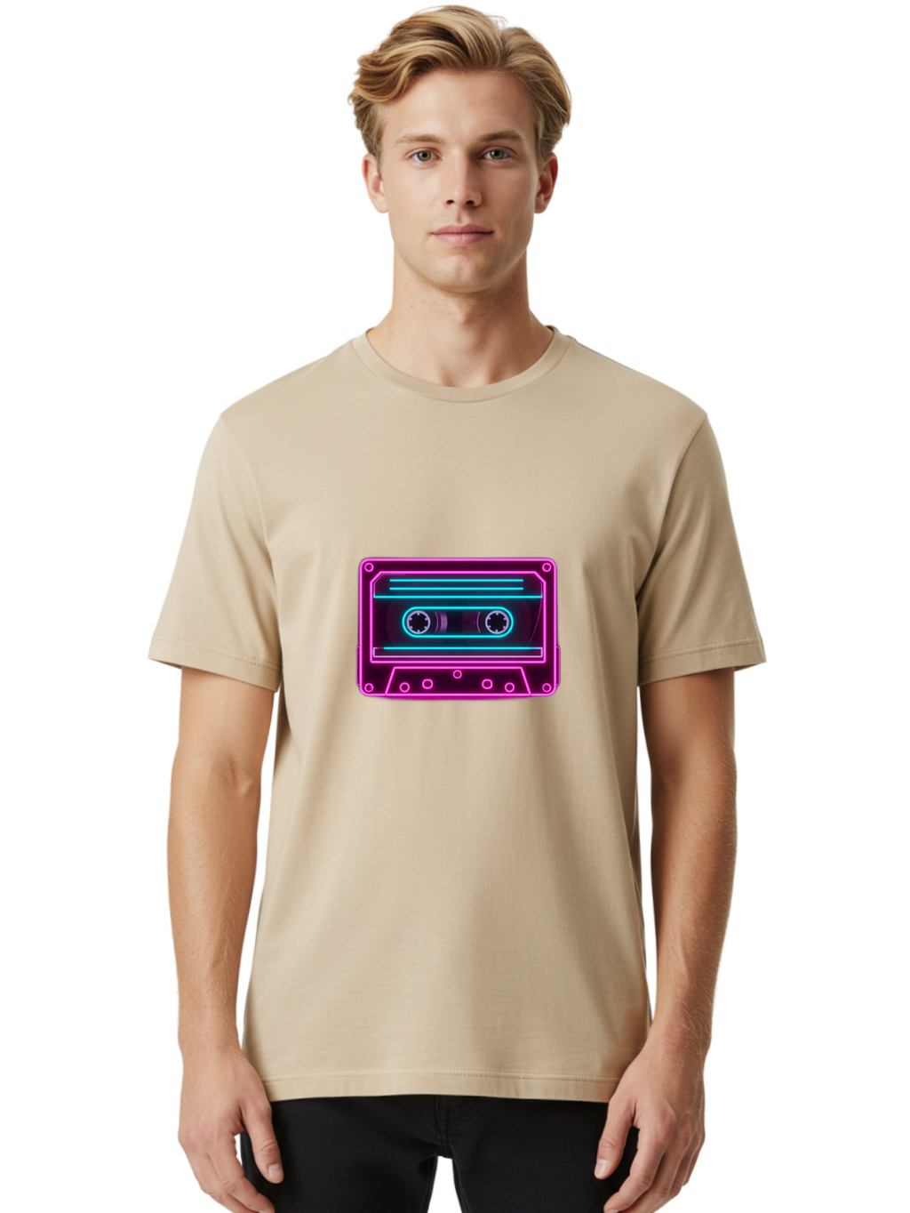 Cassette-Tape-2 Men'S Graphic Tee, 100% Cotton, Comfortable Casual Summer Wear, Machine Washable, Retro Cassette Tape, Neon Lights, Colorful, Nostalgic Music, 80S And 90S Vibe, Music Technology, Audio Nostalgia, Vintage Electronics, Baa260