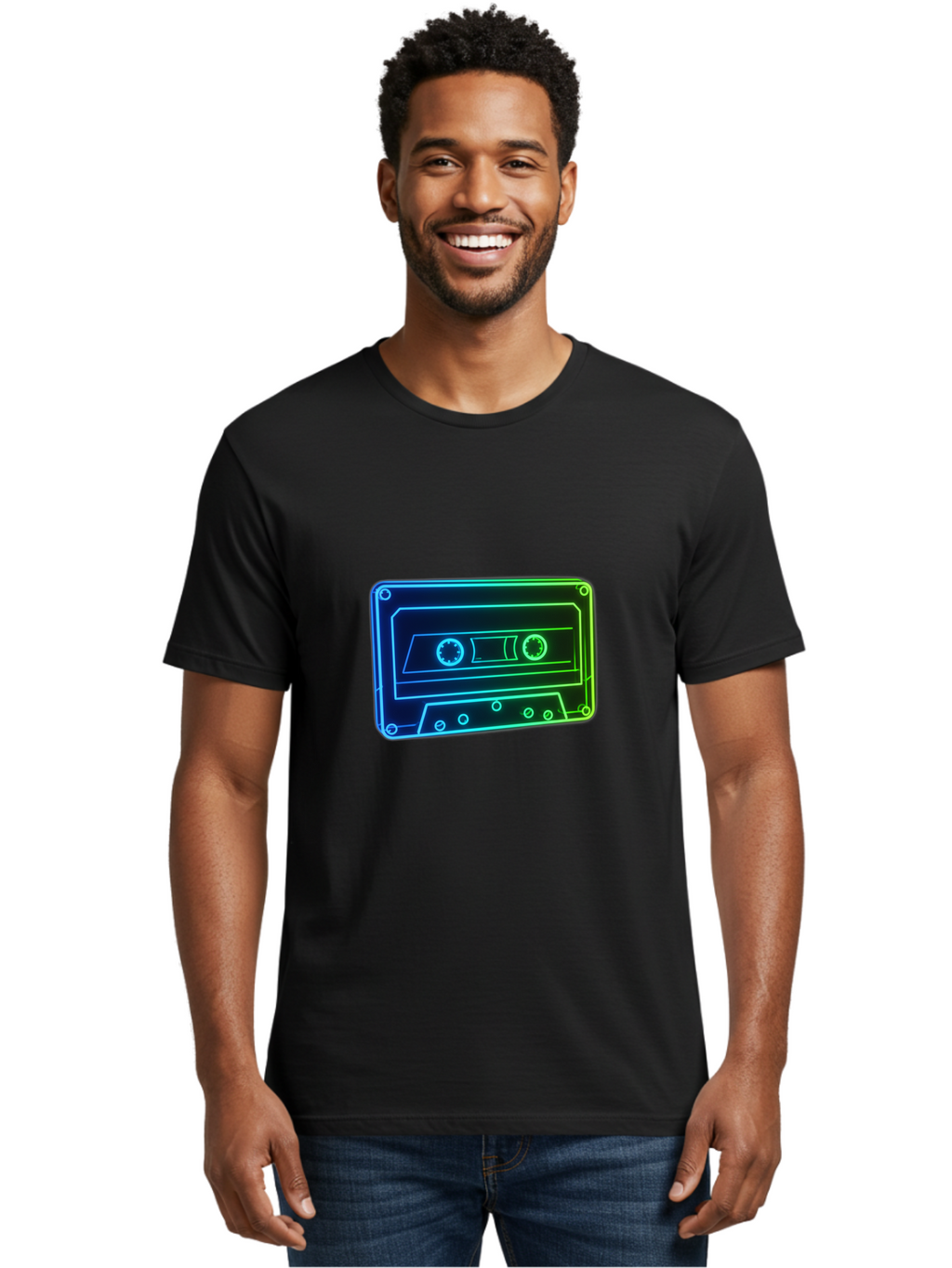 Cassette-Tape-5 Men'S Graphic Tee, 100% Cotton, Comfortable Casual Summer Wear, Machine Washable, Retro Cassette Tape, Vintage Music Format, Nostalgic Design, Neon Outline, Blue Glow, Music Nostalgia, Retro Technology, 80S Memorabilia, Baa263