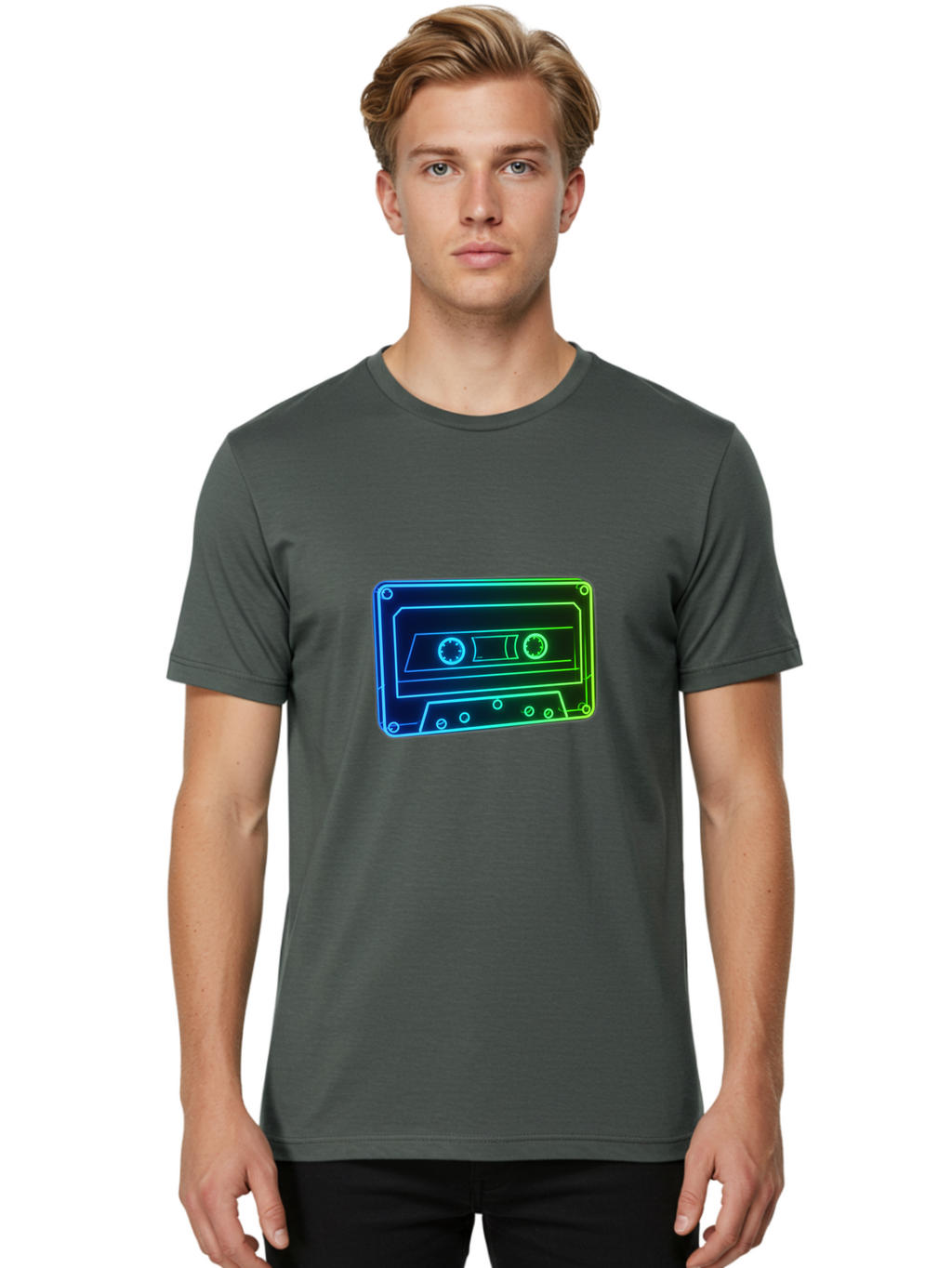 Cassette-Tape-5 Men'S Graphic Tee, 100% Cotton, Comfortable Casual Summer Wear, Machine Washable, Retro Cassette Tape, Vintage Music Format, Nostalgic Design, Neon Outline, Blue Glow, Music Nostalgia, Retro Technology, 80S Memorabilia, Baa263