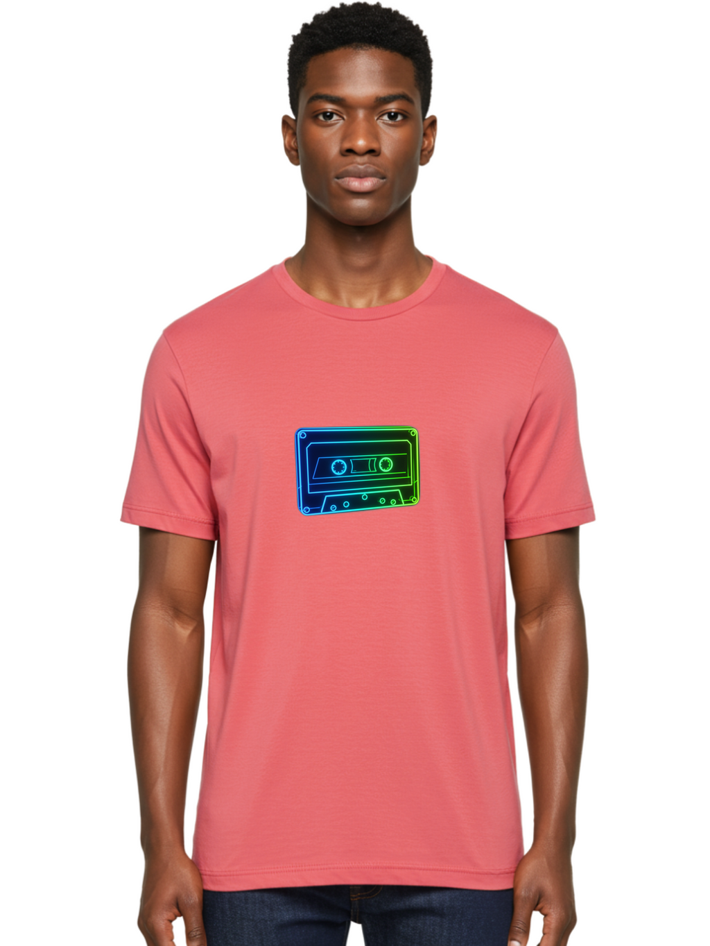 Cassette-Tape-5 Men'S Graphic Tee, 100% Cotton, Comfortable Casual Summer Wear, Machine Washable, Retro Cassette Tape, Vintage Music Format, Nostalgic Design, Neon Outline, Blue Glow, Music Nostalgia, Retro Technology, 80S Memorabilia, Baa263
