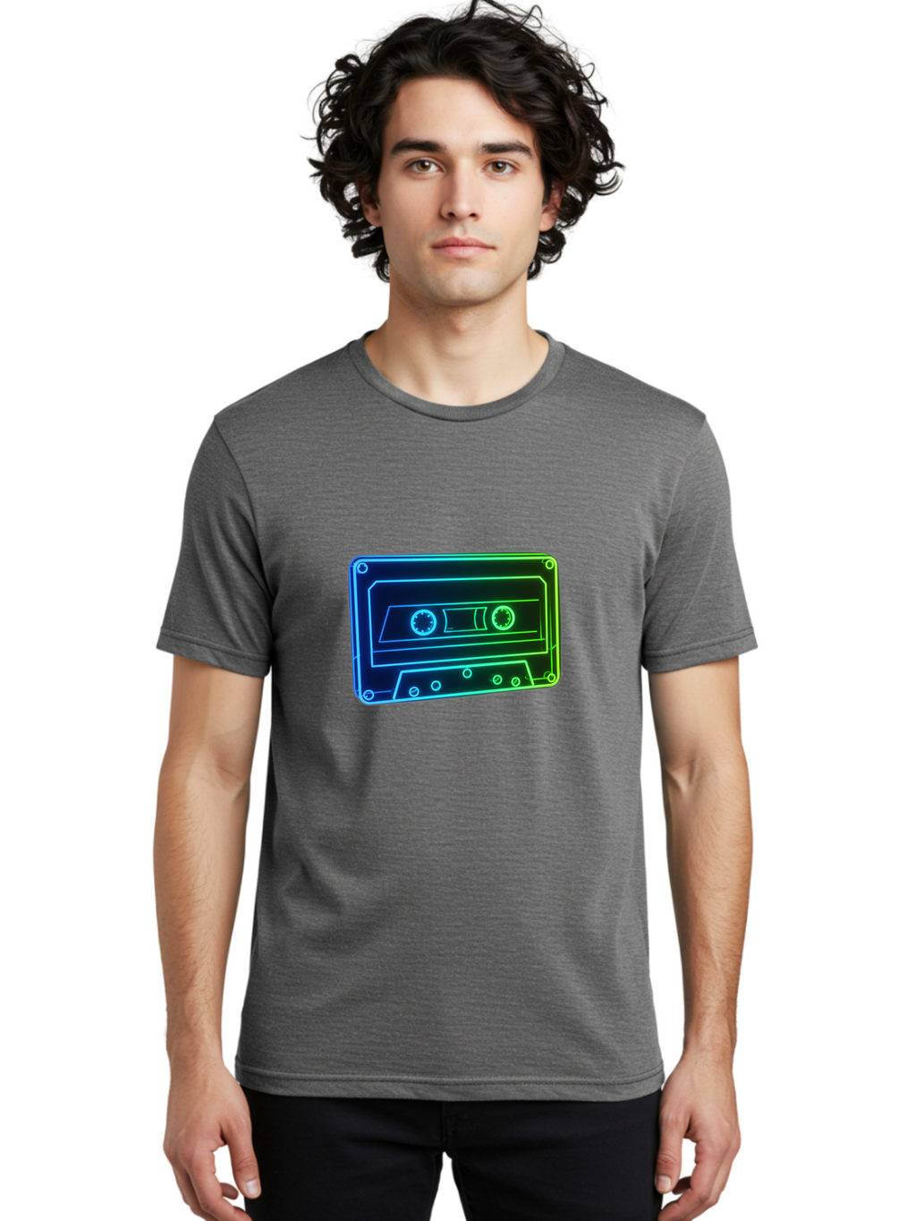 Cassette-Tape-5 Men'S Graphic Tee, 100% Cotton, Comfortable Casual Summer Wear, Machine Washable, Retro Cassette Tape, Vintage Music Format, Nostalgic Design, Neon Outline, Blue Glow, Music Nostalgia, Retro Technology, 80S Memorabilia, Baa263