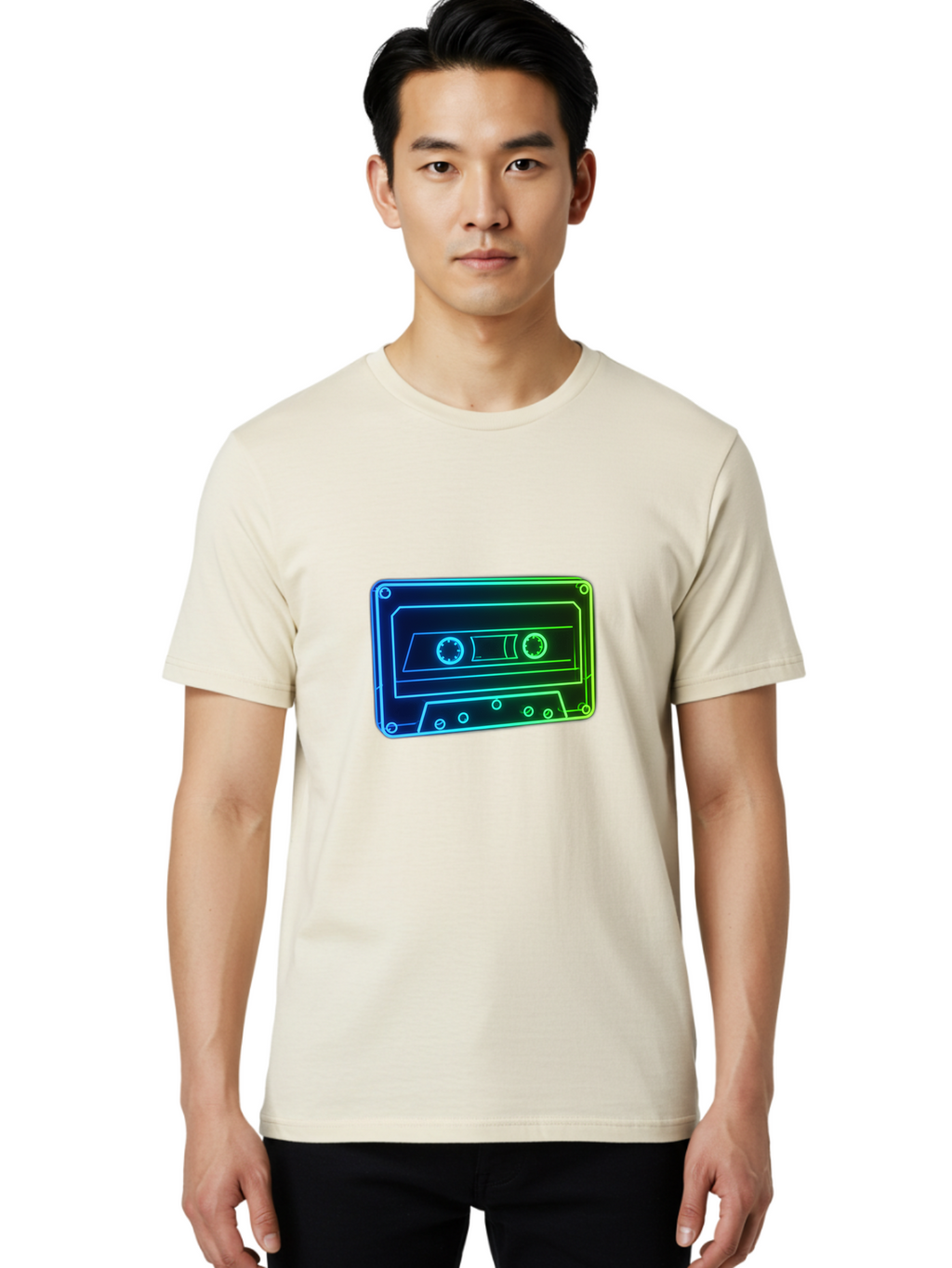 Cassette-Tape-5 Men'S Graphic Tee, 100% Cotton, Comfortable Casual Summer Wear, Machine Washable, Retro Cassette Tape, Vintage Music Format, Nostalgic Design, Neon Outline, Blue Glow, Music Nostalgia, Retro Technology, 80S Memorabilia, Baa263