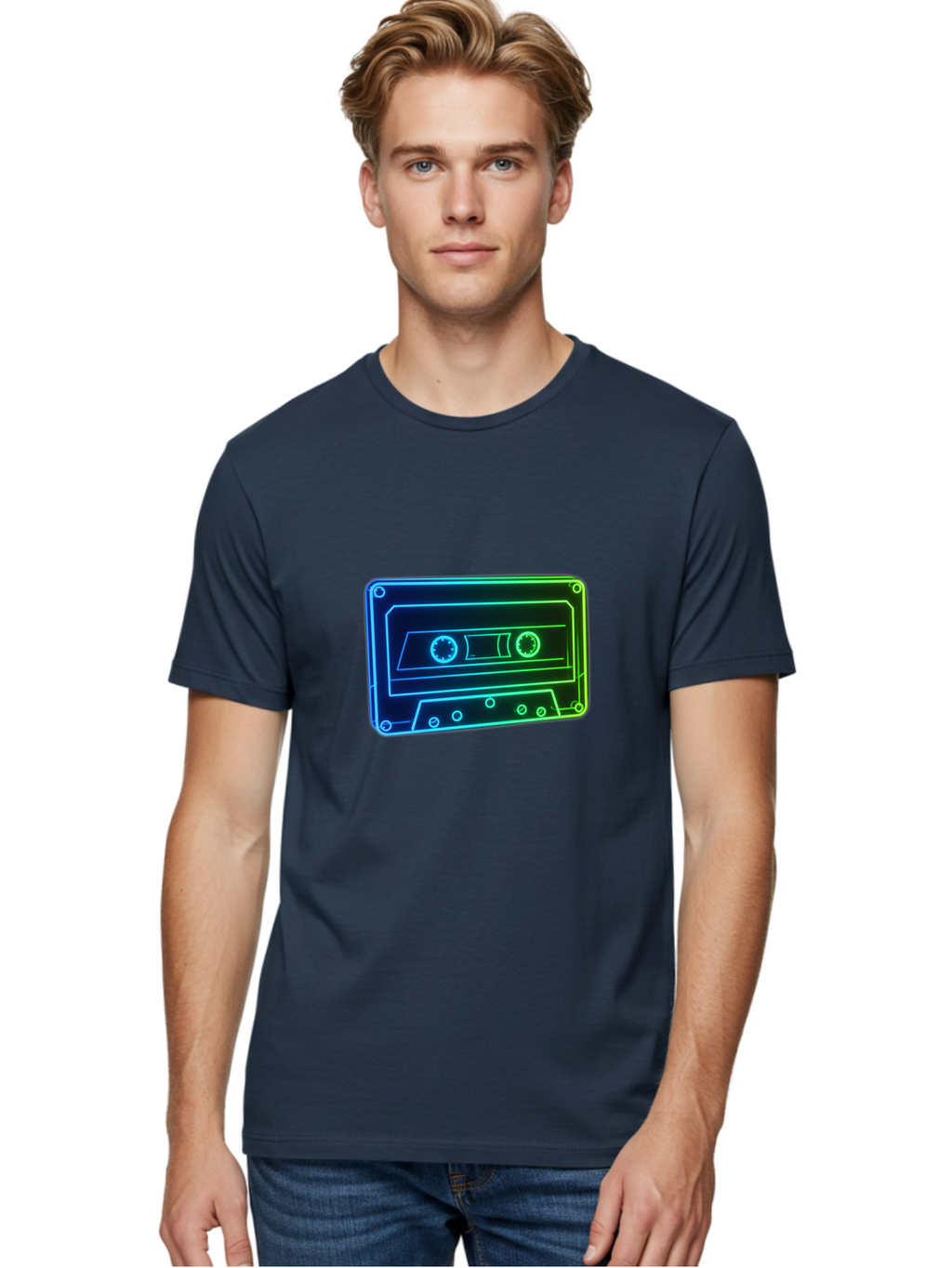 Cassette-Tape-5 Men'S Graphic Tee, 100% Cotton, Comfortable Casual Summer Wear, Machine Washable, Retro Cassette Tape, Vintage Music Format, Nostalgic Design, Neon Outline, Blue Glow, Music Nostalgia, Retro Technology, 80S Memorabilia, Baa263