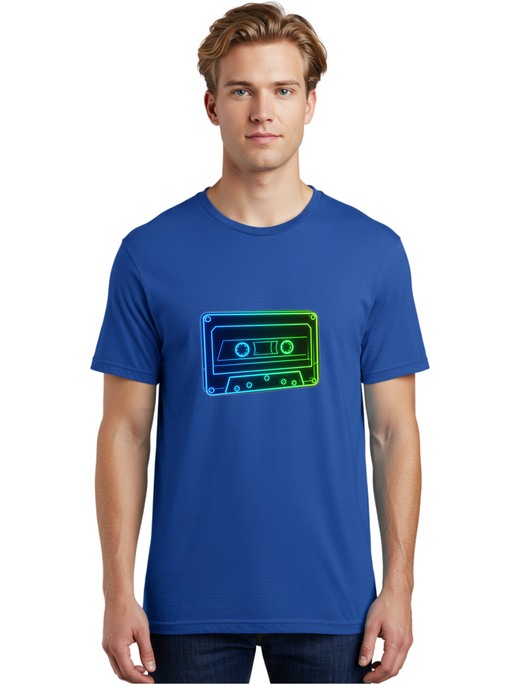 Cassette-Tape-5 Men'S Graphic Tee, 100% Cotton, Comfortable Casual Summer Wear, Machine Washable, Retro Cassette Tape, Vintage Music Format, Nostalgic Design, Neon Outline, Blue Glow, Music Nostalgia, Retro Technology, 80S Memorabilia, Baa263