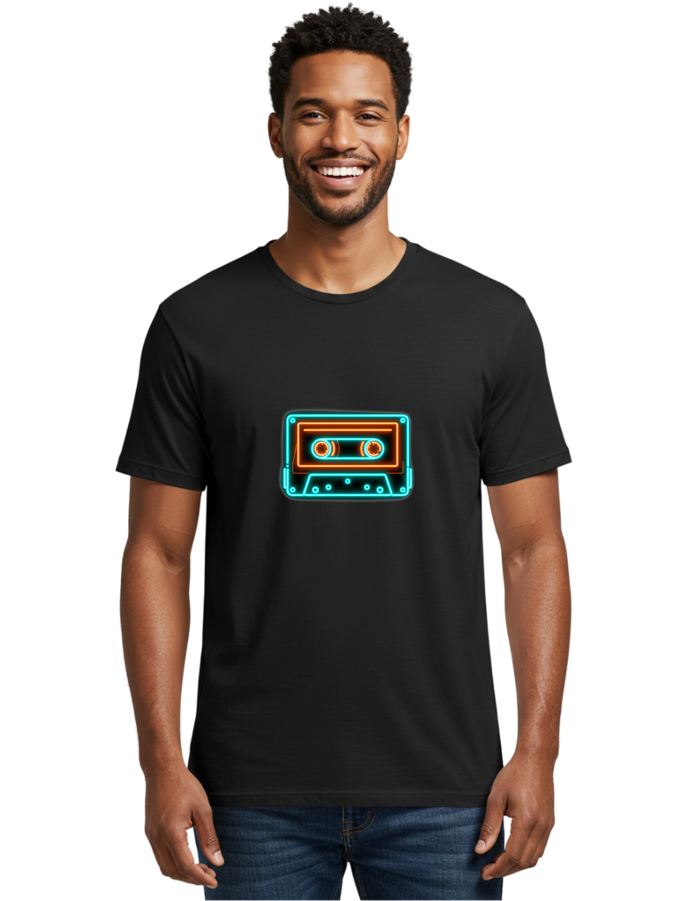 Cassette-Tape-6 Men'S Graphic Tee, 100% Cotton, Comfortable Casual Summer Wear, Machine Washable, Retro Cassette Tape, Neon Lights, Vibrant Colors, Nostalgic Music, Retro Technology, 80S And 90S Memorabilia, Music Lover, Vintage Audio Baa264