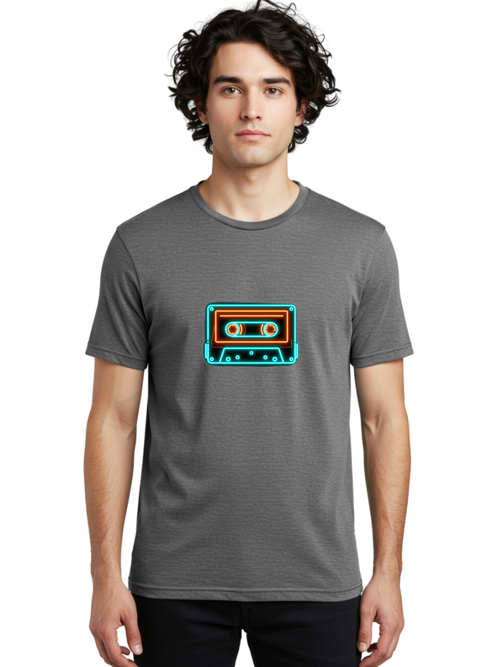 Cassette-Tape-6 Men'S Graphic Tee, 100% Cotton, Comfortable Casual Summer Wear, Machine Washable, Retro Cassette Tape, Neon Lights, Vibrant Colors, Nostalgic Music, Retro Technology, 80S And 90S Memorabilia, Music Lover, Vintage Audio Baa264