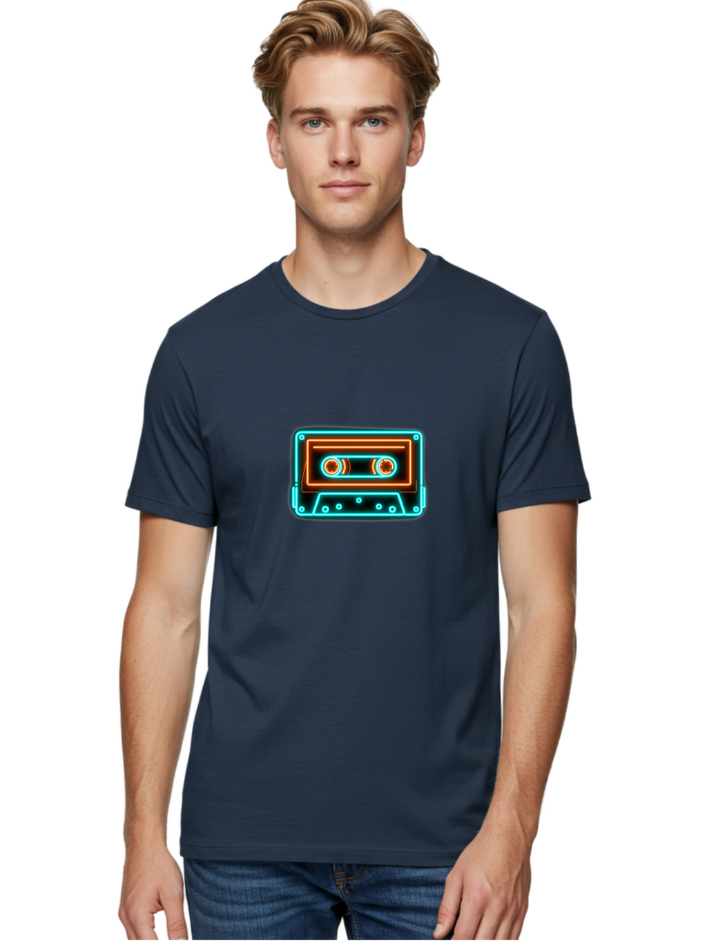 Cassette-Tape-6 Men'S Graphic Tee, 100% Cotton, Comfortable Casual Summer Wear, Machine Washable, Retro Cassette Tape, Neon Lights, Vibrant Colors, Nostalgic Music, Retro Technology, 80S And 90S Memorabilia, Music Lover, Vintage Audio Baa264