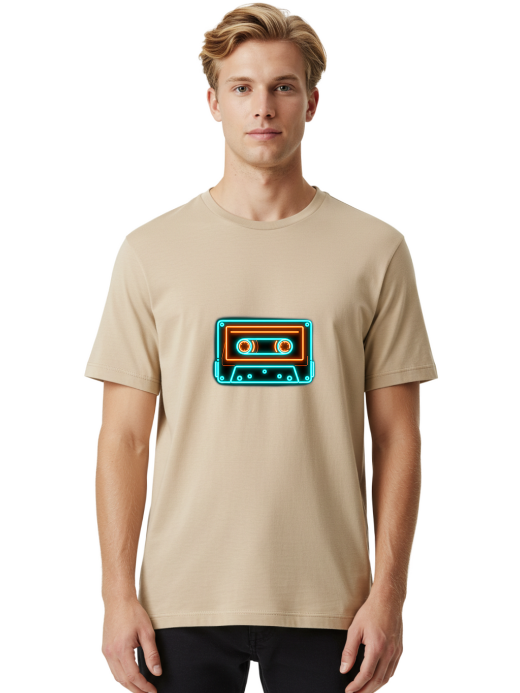 Cassette-Tape-6 Men'S Graphic Tee, 100% Cotton, Comfortable Casual Summer Wear, Machine Washable, Retro Cassette Tape, Neon Lights, Vibrant Colors, Nostalgic Music, Retro Technology, 80S And 90S Memorabilia, Music Lover, Vintage Audio Baa264