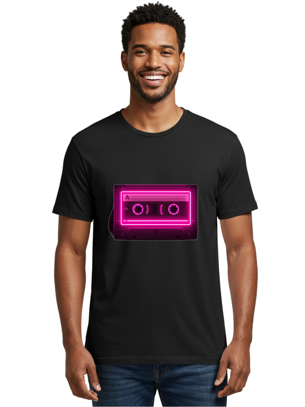 Cassette-Tape-A-5 Men'S Graphic Tee, 100% Cotton, Comfortable Casual Summer Wear, Machine Washable, Cassette Tape, Retro Music, Vintage Technology, Neon Lights, Pink Glow, Cassette A, Cb Label, 80S Nostalgia, Music Lover, Retro Vibe Baa269