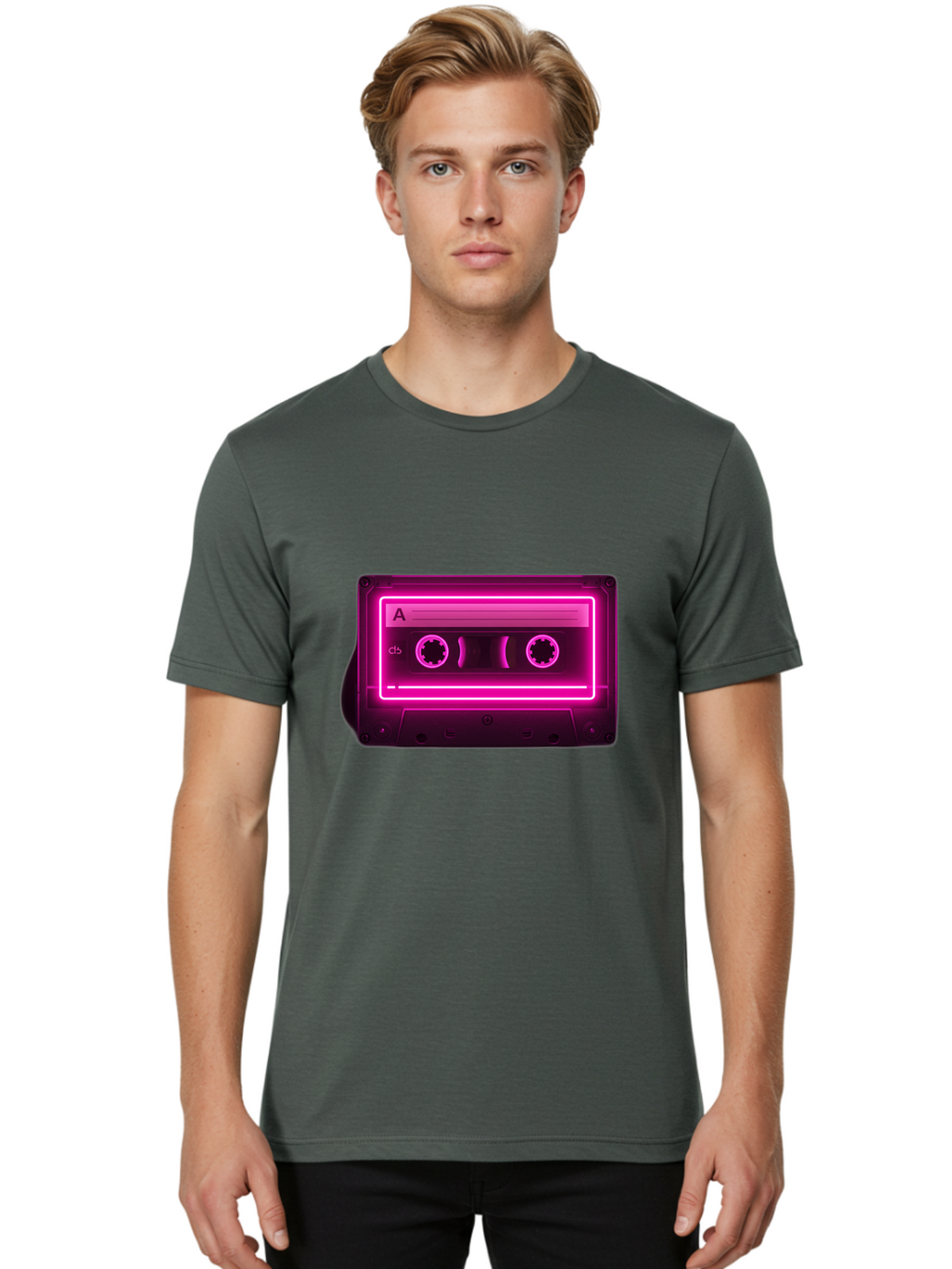 Cassette-Tape-A-5 Men'S Graphic Tee, 100% Cotton, Comfortable Casual Summer Wear, Machine Washable, Cassette Tape, Retro Music, Vintage Technology, Neon Lights, Pink Glow, Cassette A, Cb Label, 80S Nostalgia, Music Lover, Retro Vibe Baa269