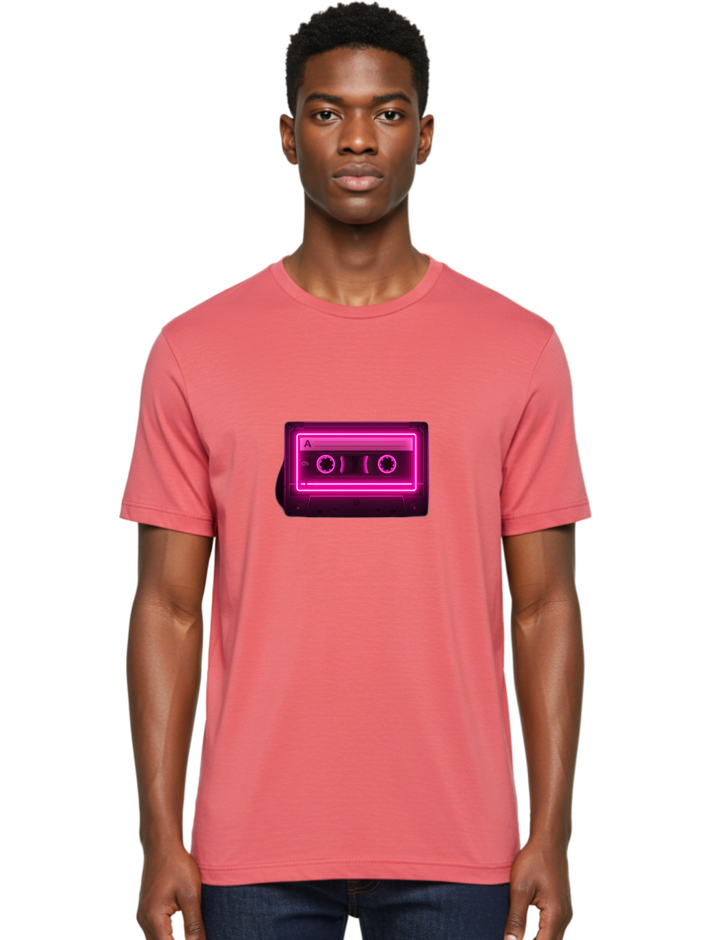Cassette-Tape-A-5 Men'S Graphic Tee, 100% Cotton, Comfortable Casual Summer Wear, Machine Washable, Cassette Tape, Retro Music, Vintage Technology, Neon Lights, Pink Glow, Cassette A, Cb Label, 80S Nostalgia, Music Lover, Retro Vibe Baa269