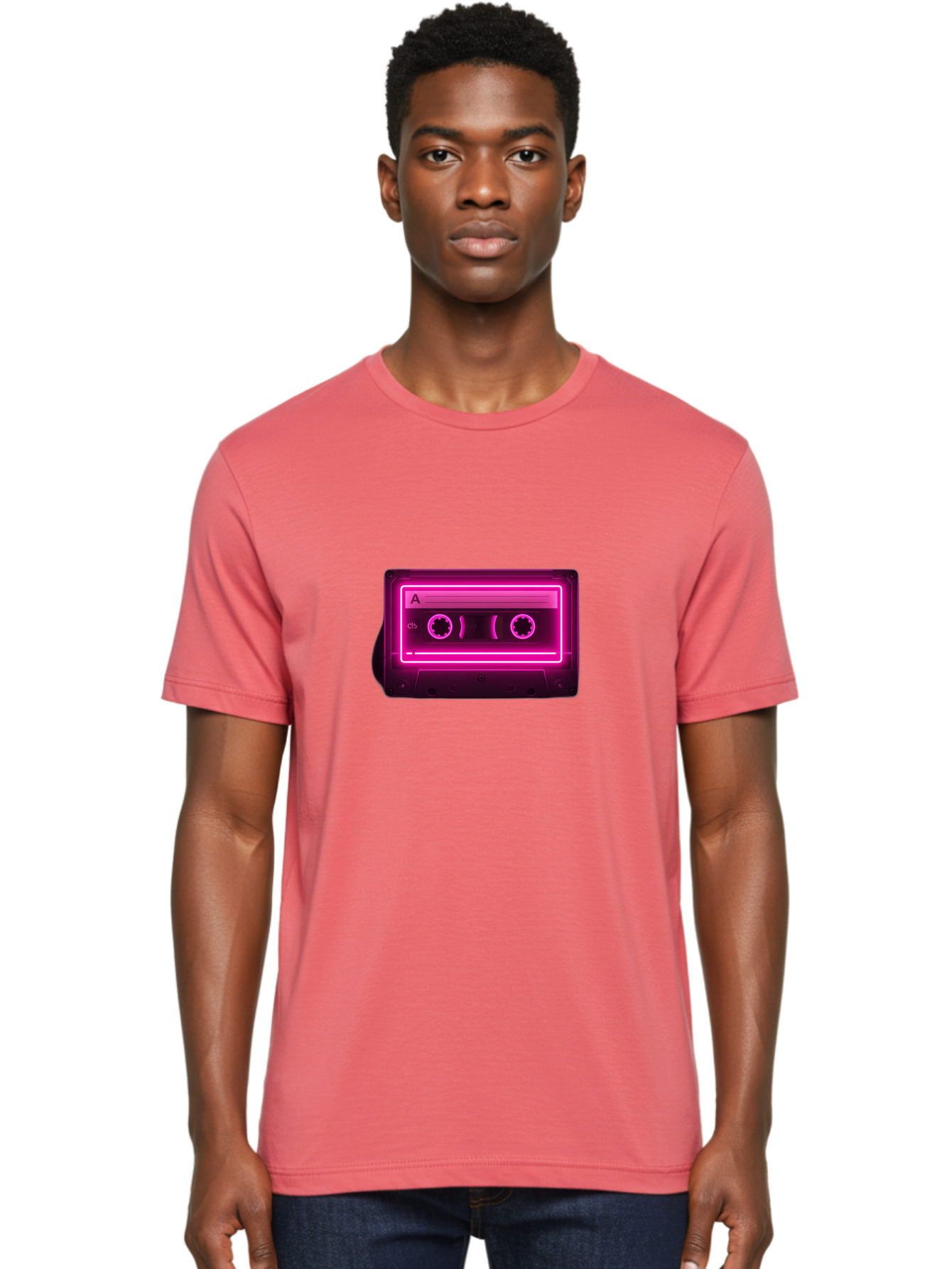 Cassette-Tape-A-5 Men'S Graphic Tee, 100% Cotton, Comfortable Casual Summer Wear, Machine Washable, Cassette Tape, Retro Music, Vintage Technology, Neon Lights, Pink Glow, Cassette A, Cb Label, 80S Nostalgia, Music Lover, Retro Vibe Baa269