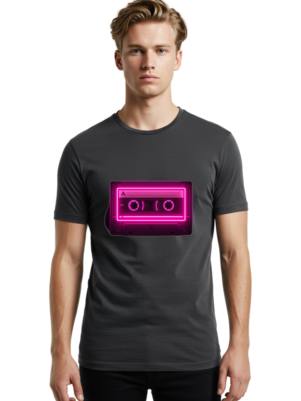 Cassette-Tape-A-5 Men'S Graphic Tee, 100% Cotton, Comfortable Casual Summer Wear, Machine Washable, Cassette Tape, Retro Music, Vintage Technology, Neon Lights, Pink Glow, Cassette A, Cb Label, 80S Nostalgia, Music Lover, Retro Vibe Baa269