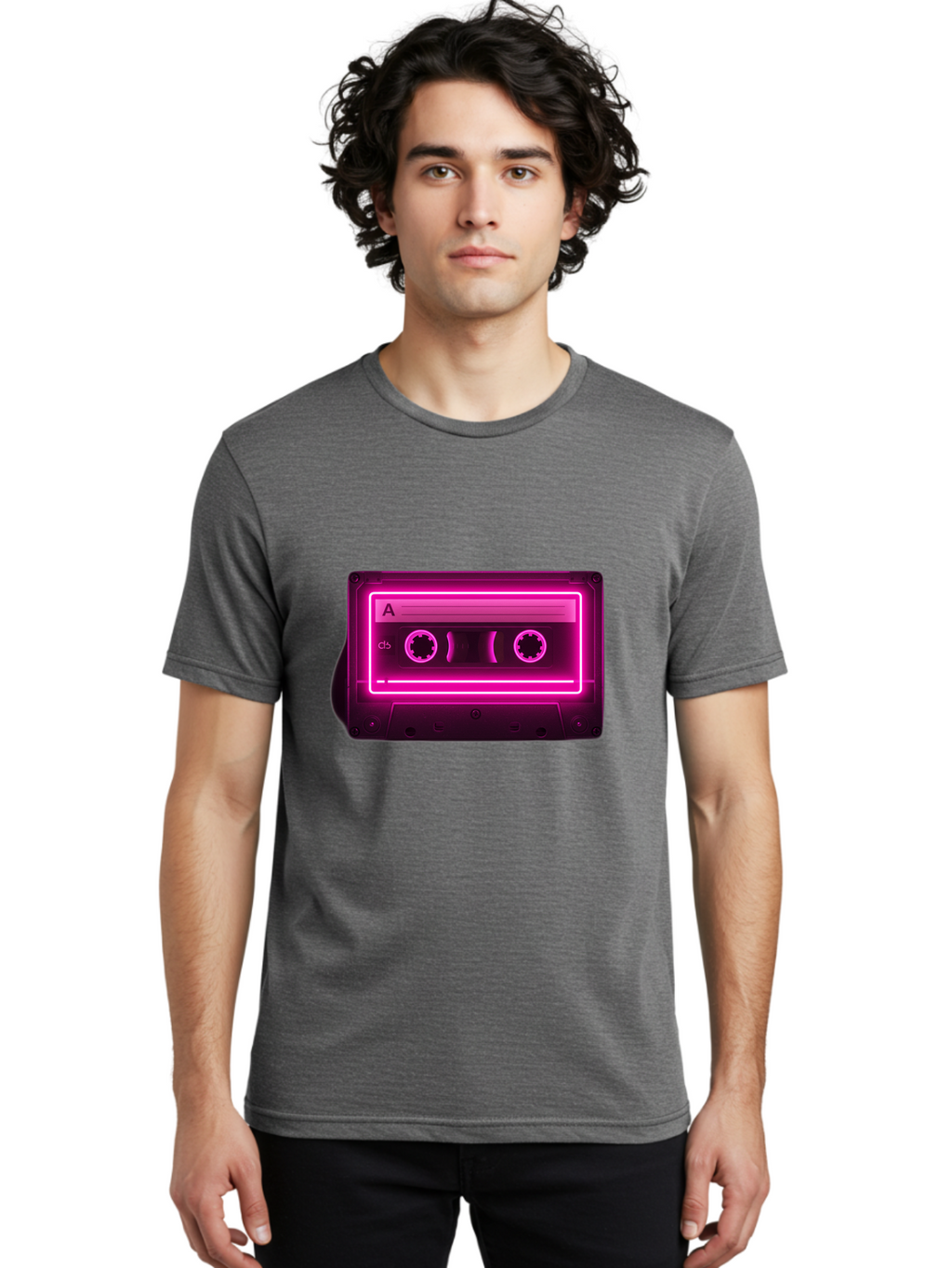 Cassette-Tape-A-5 Men'S Graphic Tee, 100% Cotton, Comfortable Casual Summer Wear, Machine Washable, Cassette Tape, Retro Music, Vintage Technology, Neon Lights, Pink Glow, Cassette A, Cb Label, 80S Nostalgia, Music Lover, Retro Vibe Baa269