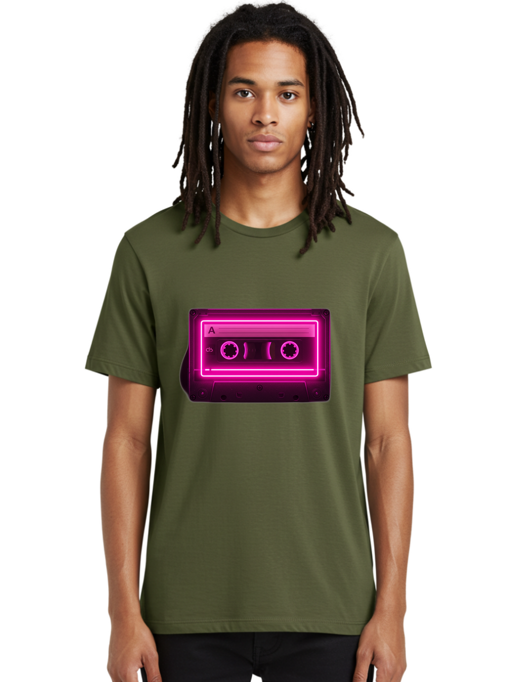 Cassette-Tape-A-5 Men'S Graphic Tee, 100% Cotton, Comfortable Casual Summer Wear, Machine Washable, Cassette Tape, Retro Music, Vintage Technology, Neon Lights, Pink Glow, Cassette A, Cb Label, 80S Nostalgia, Music Lover, Retro Vibe Baa269