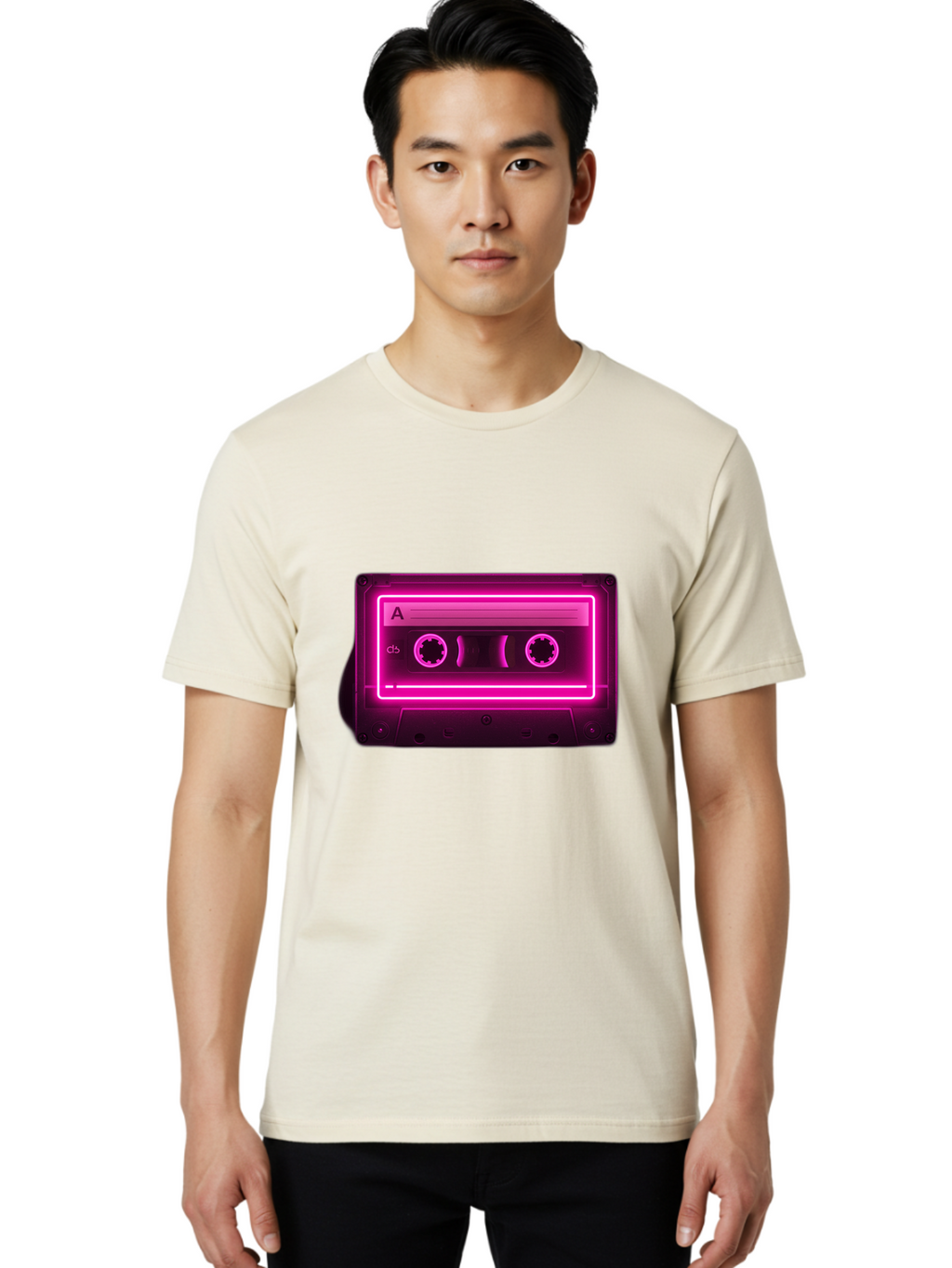 Cassette-Tape-A-5 Men'S Graphic Tee, 100% Cotton, Comfortable Casual Summer Wear, Machine Washable, Cassette Tape, Retro Music, Vintage Technology, Neon Lights, Pink Glow, Cassette A, Cb Label, 80S Nostalgia, Music Lover, Retro Vibe Baa269