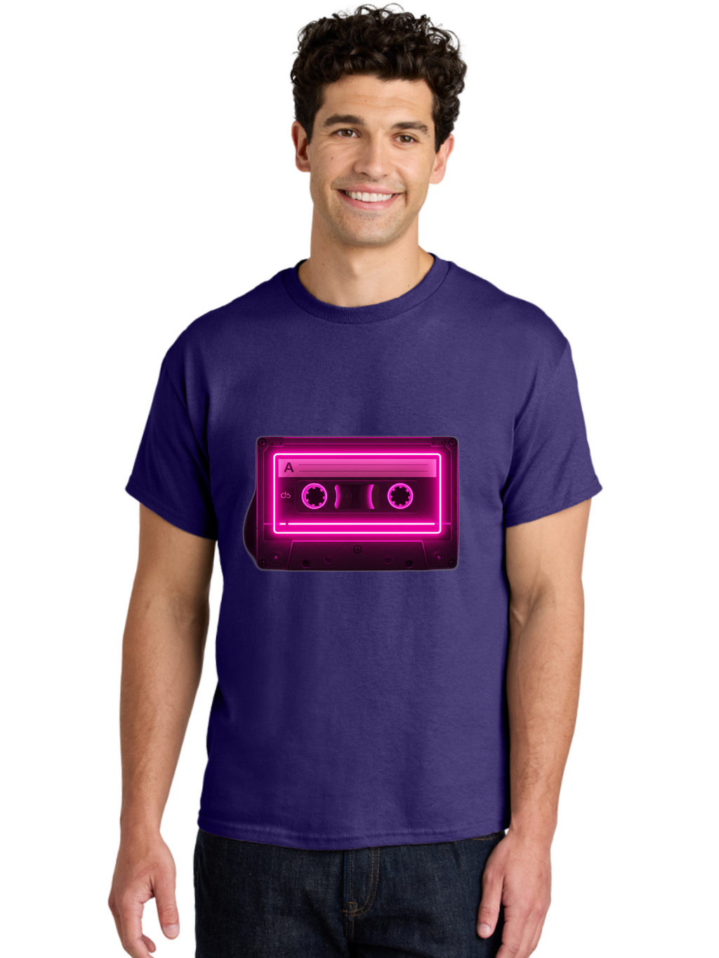 Cassette-Tape-A-5 Men'S Graphic Tee, 100% Cotton, Comfortable Casual Summer Wear, Machine Washable, Cassette Tape, Retro Music, Vintage Technology, Neon Lights, Pink Glow, Cassette A, Cb Label, 80S Nostalgia, Music Lover, Retro Vibe Baa269
