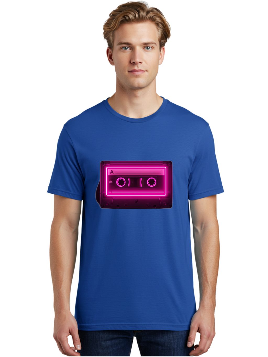 Cassette-Tape-A-5 Men'S Graphic Tee, 100% Cotton, Comfortable Casual Summer Wear, Machine Washable, Cassette Tape, Retro Music, Vintage Technology, Neon Lights, Pink Glow, Cassette A, Cb Label, 80S Nostalgia, Music Lover, Retro Vibe Baa269