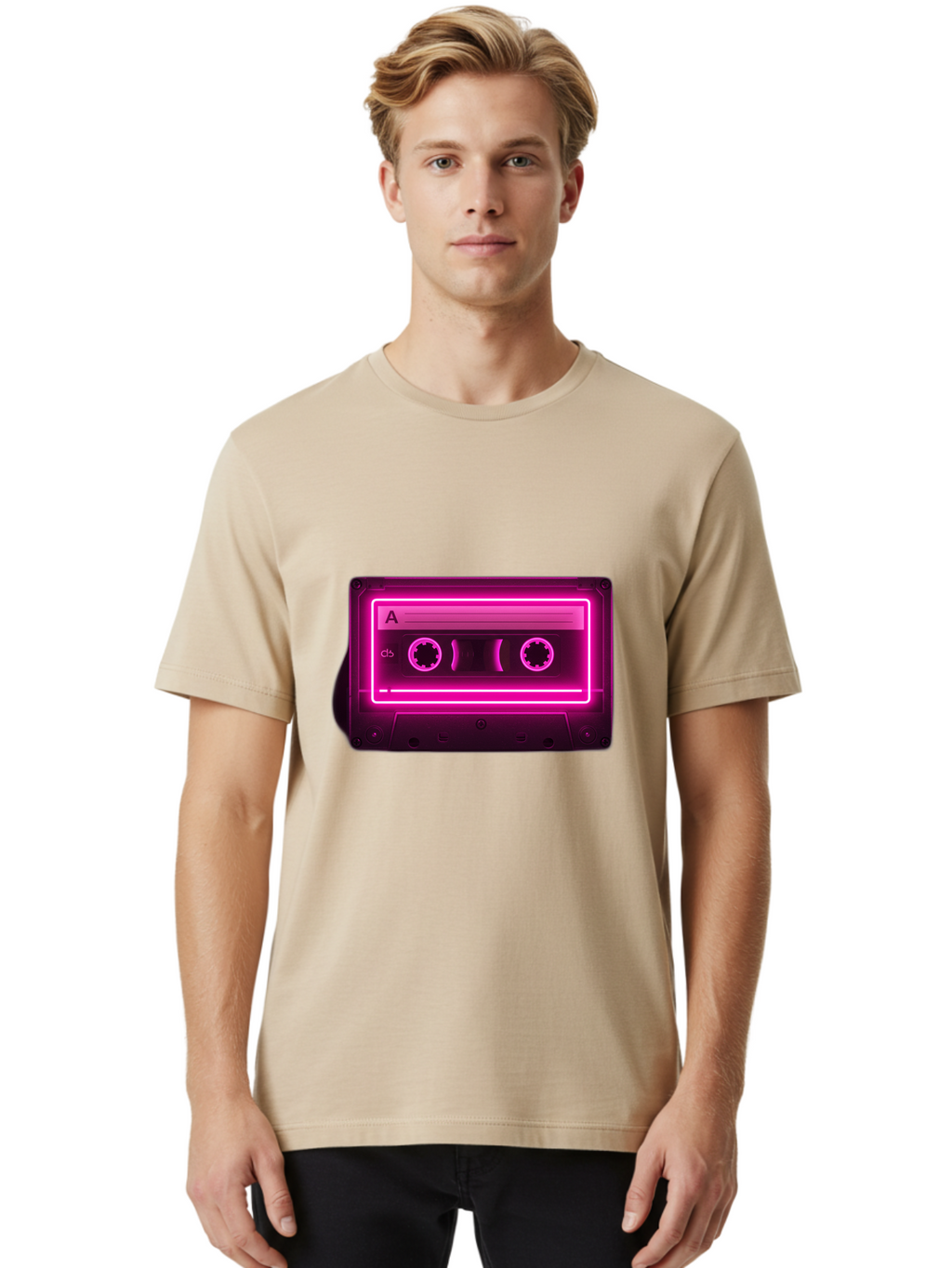 Cassette-Tape-A-5 Men'S Graphic Tee, 100% Cotton, Comfortable Casual Summer Wear, Machine Washable, Cassette Tape, Retro Music, Vintage Technology, Neon Lights, Pink Glow, Cassette A, Cb Label, 80S Nostalgia, Music Lover, Retro Vibe Baa269