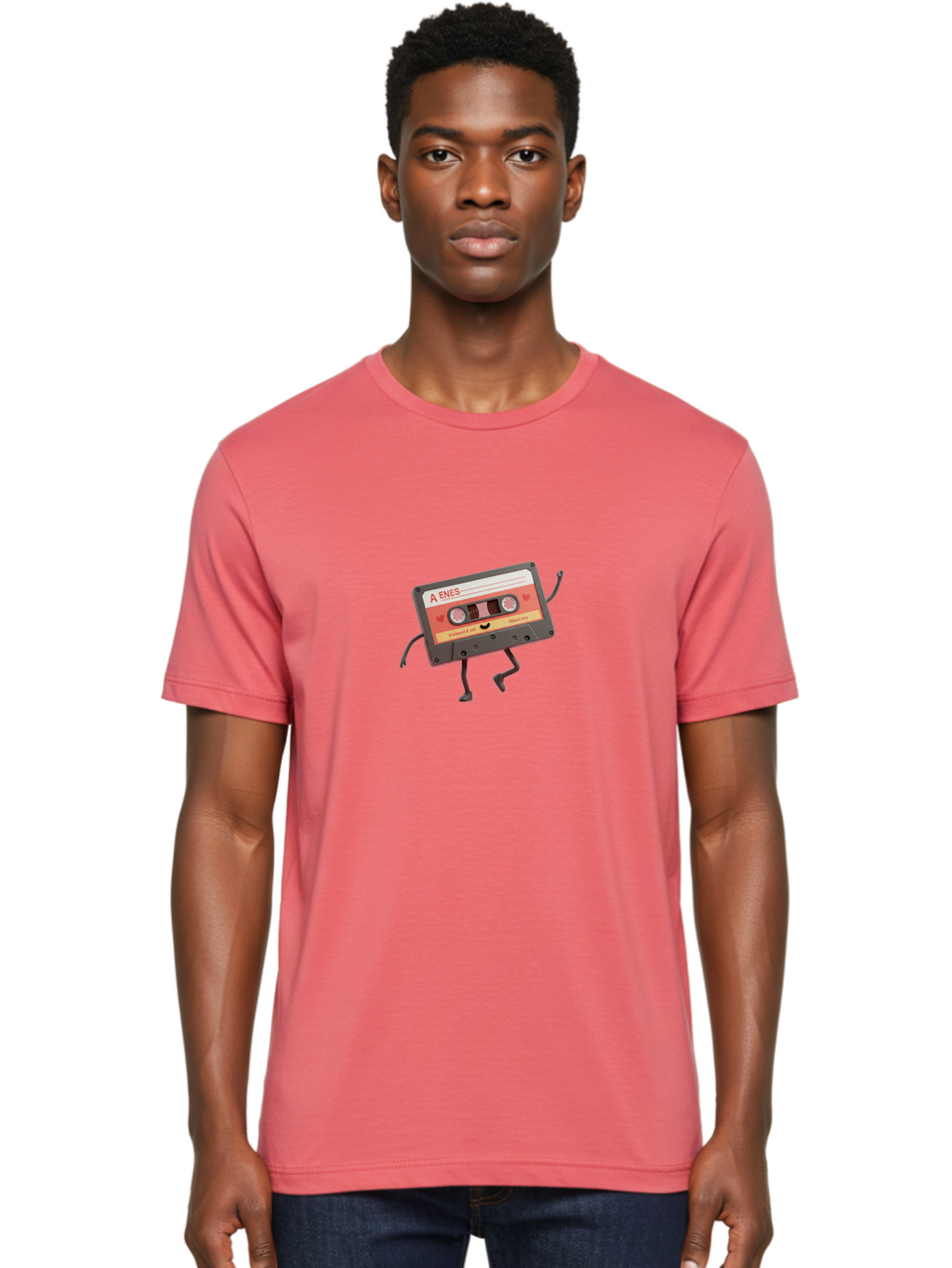 Cassette-Tape-A-Enes Men'S Graphic Tee, 100% Cotton, Comfortable Casual Summer Wear, Machine Washable, Vintage Cassette Tape, Retro Music, Nostalgic Vibes, Cartoon Character, Funny Illustration, Playful Design, A Enes Label, Cassette With Legs Baa270