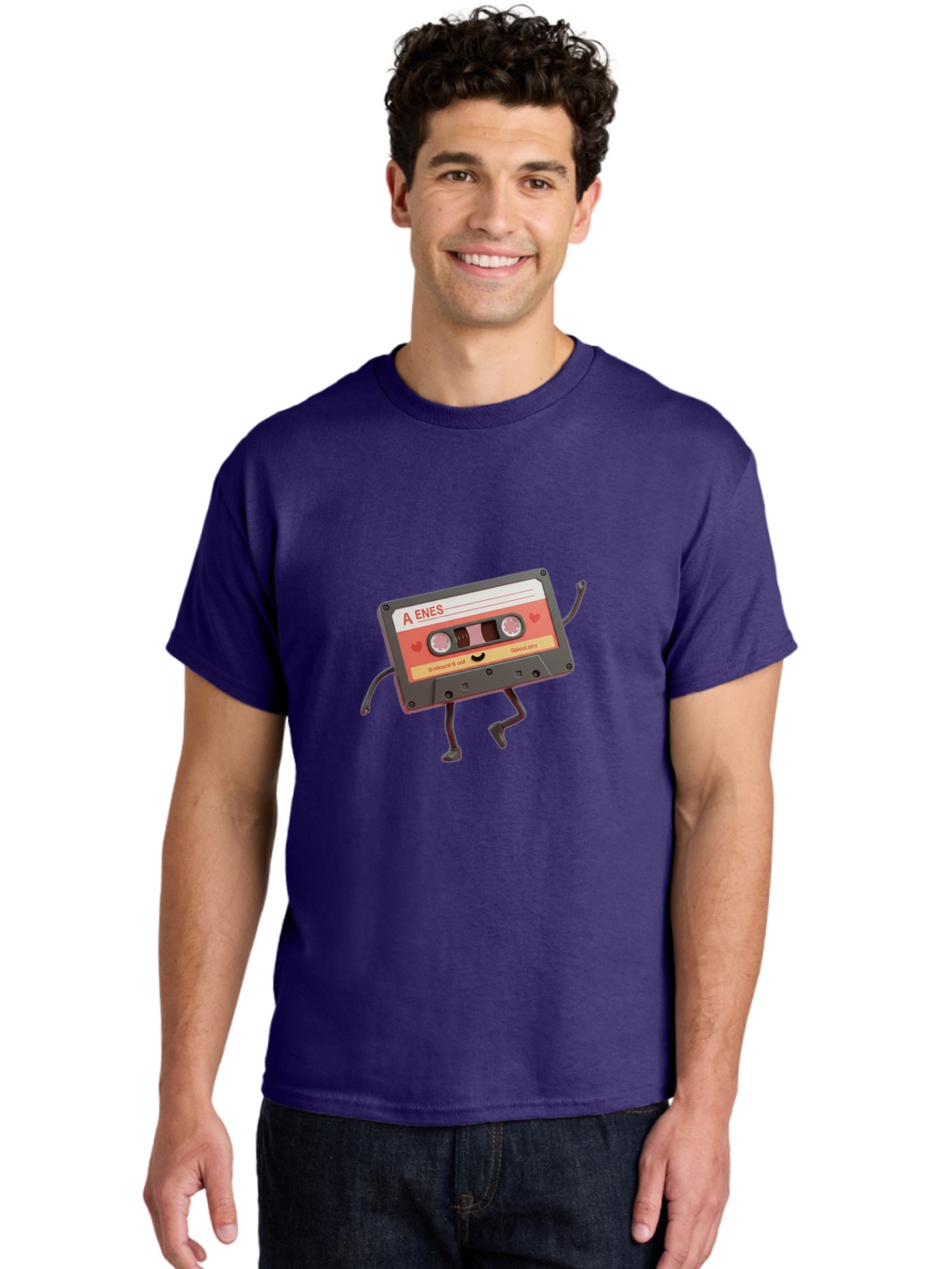 Cassette-Tape-A-Enes Men'S Graphic Tee, 100% Cotton, Comfortable Casual Summer Wear, Machine Washable, Vintage Cassette Tape, Retro Music, Nostalgic Vibes, Cartoon Character, Funny Illustration, Playful Design, A Enes Label, Cassette With Legs Baa270