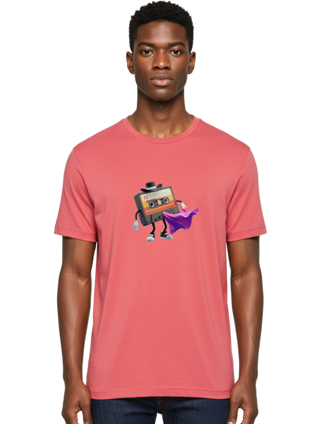 Cassette-Tape-A0 Men'S Graphic Tee, 100% Cotton, Comfortable Casual Summer Wear, Machine Washable, Cassette Tape Character, Retro Music, Vintage Style, A0 Label, Fancy Hat, Cape, Cool Pose, Nostalgic Charm, Funky Vibe Baa272