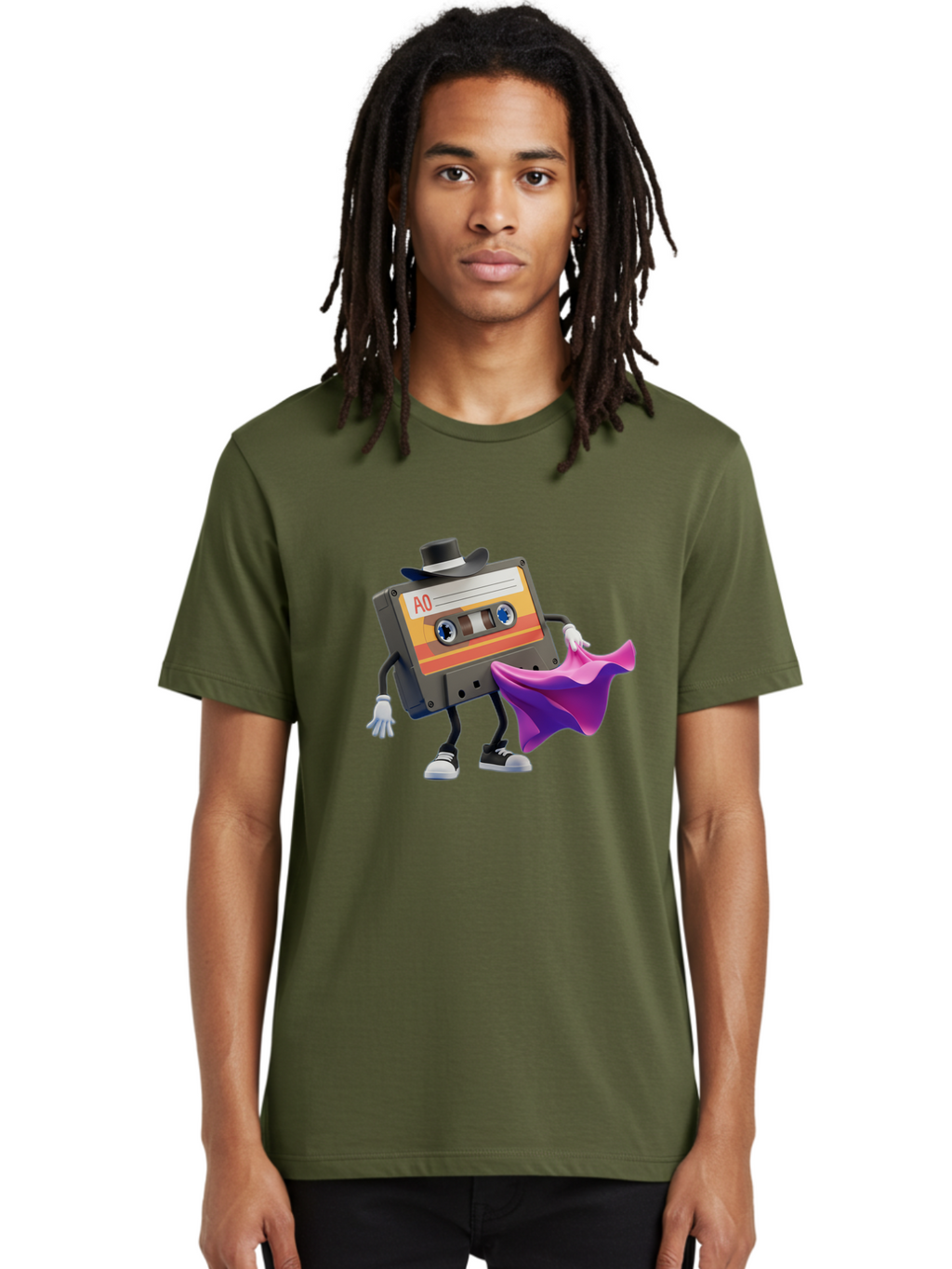 Cassette-Tape-A0 Men'S Graphic Tee, 100% Cotton, Comfortable Casual Summer Wear, Machine Washable, Cassette Tape Character, Retro Music, Vintage Style, A0 Label, Fancy Hat, Cape, Cool Pose, Nostalgic Charm, Funky Vibe Baa272