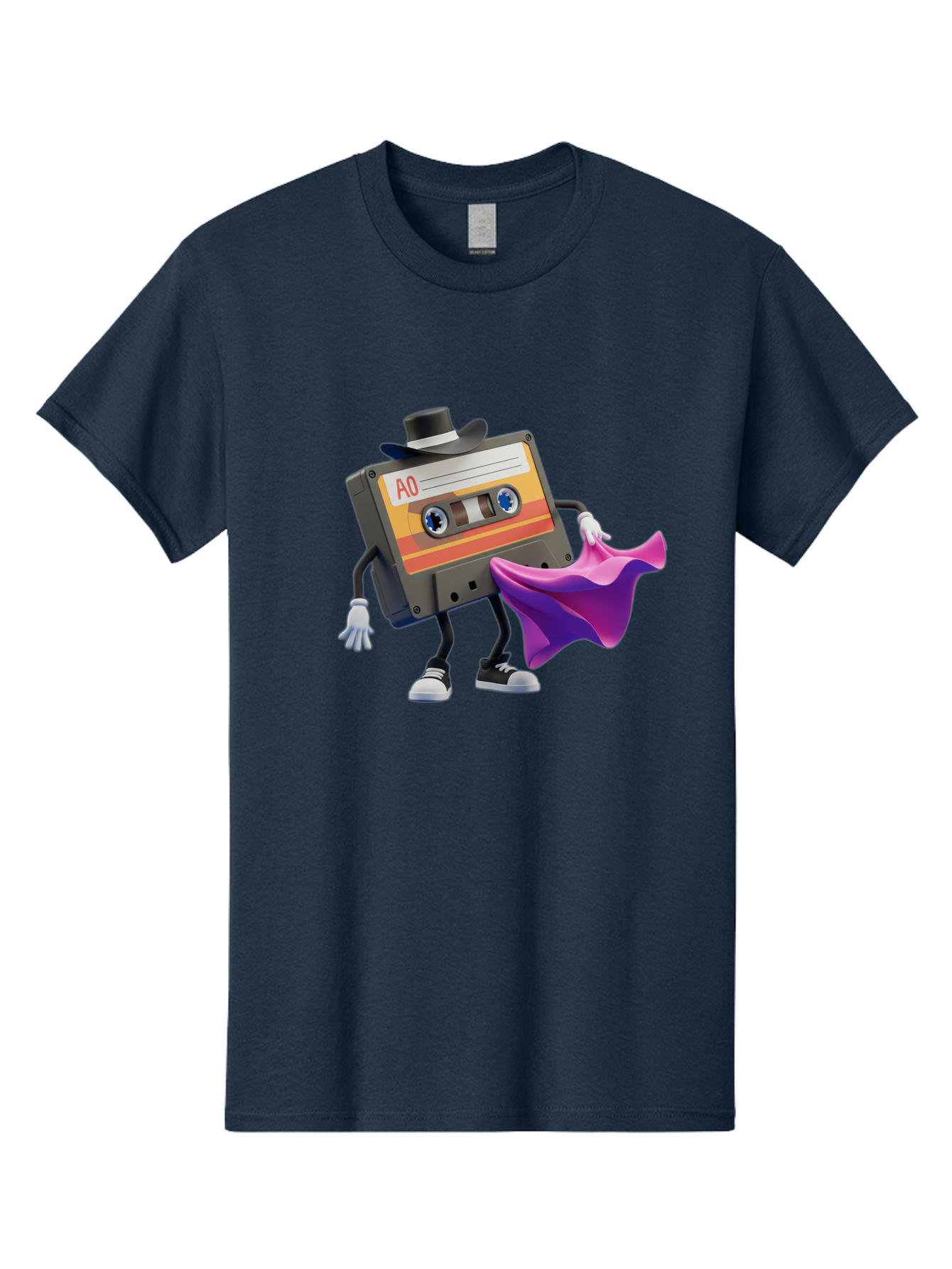 Cassette-Tape-A0 Men'S Graphic Tee, 100% Cotton, Comfortable Casual Summer Wear, Machine Washable, Cassette Tape Character, Retro Music, Vintage Style, A0 Label, Fancy Hat, Cape, Cool Pose, Nostalgic Charm, Funky Vibe Baa272