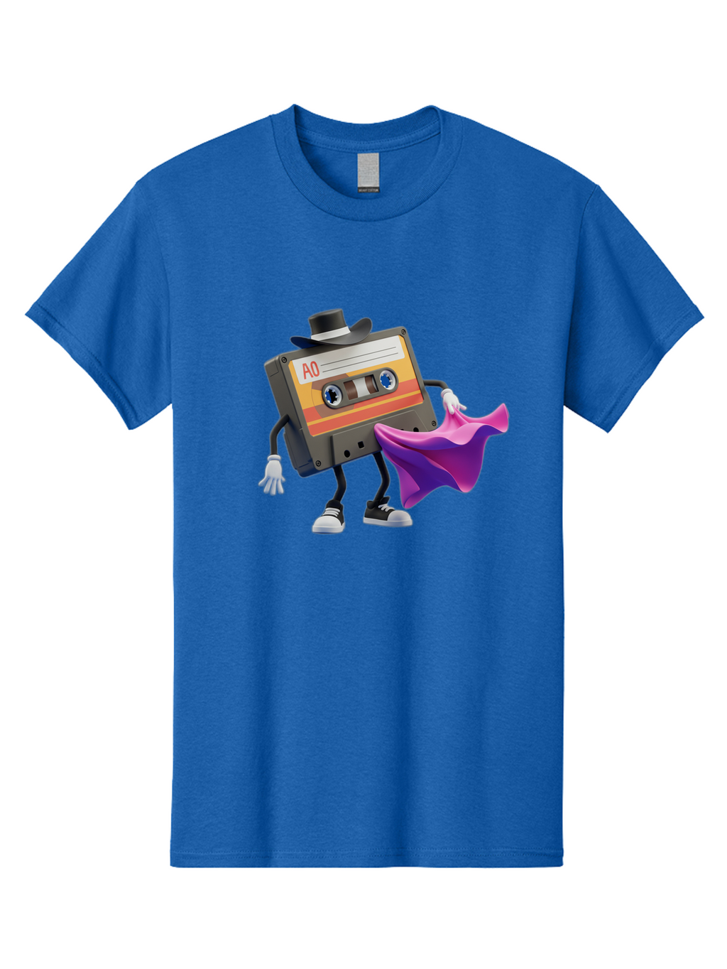 Cassette-Tape-A0 Men'S Graphic Tee, 100% Cotton, Comfortable Casual Summer Wear, Machine Washable, Cassette Tape Character, Retro Music, Vintage Style, A0 Label, Fancy Hat, Cape, Cool Pose, Nostalgic Charm, Funky Vibe Baa272