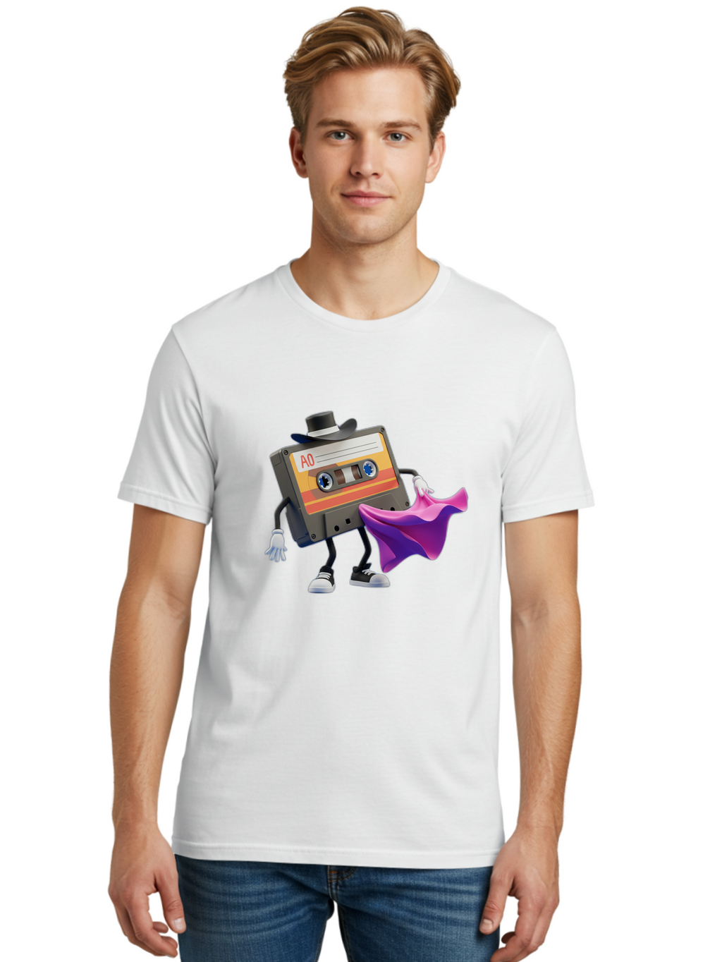 Cassette-Tape-A0 Men'S Graphic Tee, 100% Cotton, Comfortable Casual Summer Wear, Machine Washable, Cassette Tape Character, Retro Music, Vintage Style, A0 Label, Fancy Hat, Cape, Cool Pose, Nostalgic Charm, Funky Vibe Baa272