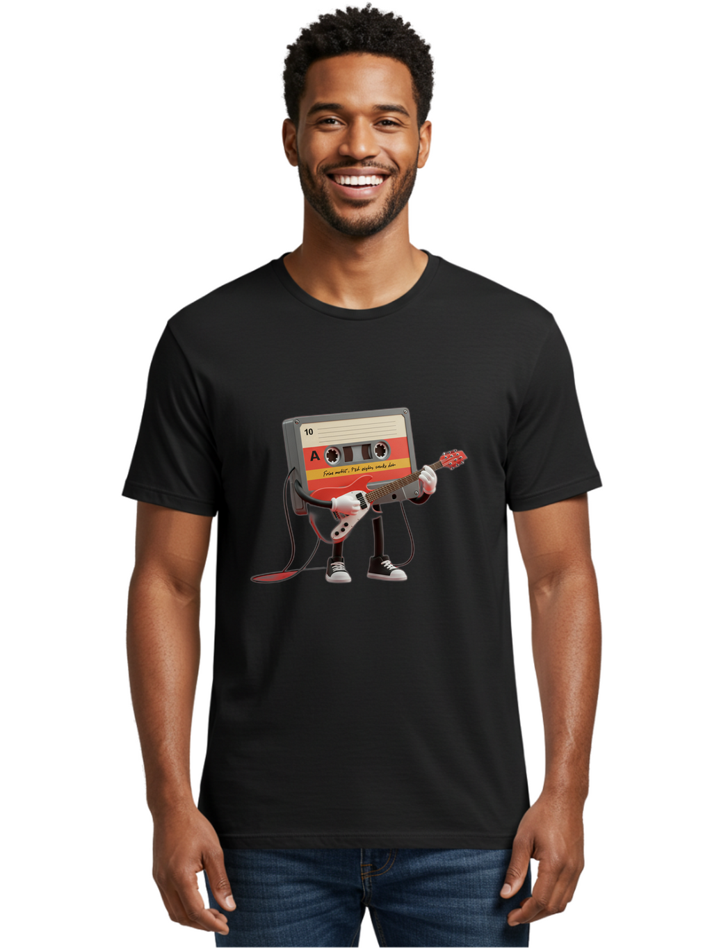 Cassette-Tape-Character-With-Guitar Men'S Graphic Tee, 100% Cotton, Comfortable Casual Summer Wear, Machine Washable, Cassette Tape Character, Playing Guitar, Music Lover, Retro Music, Nostalgic Vibe, 90S Music, Rock On, Guitar Hero, A10 Label Baa273
