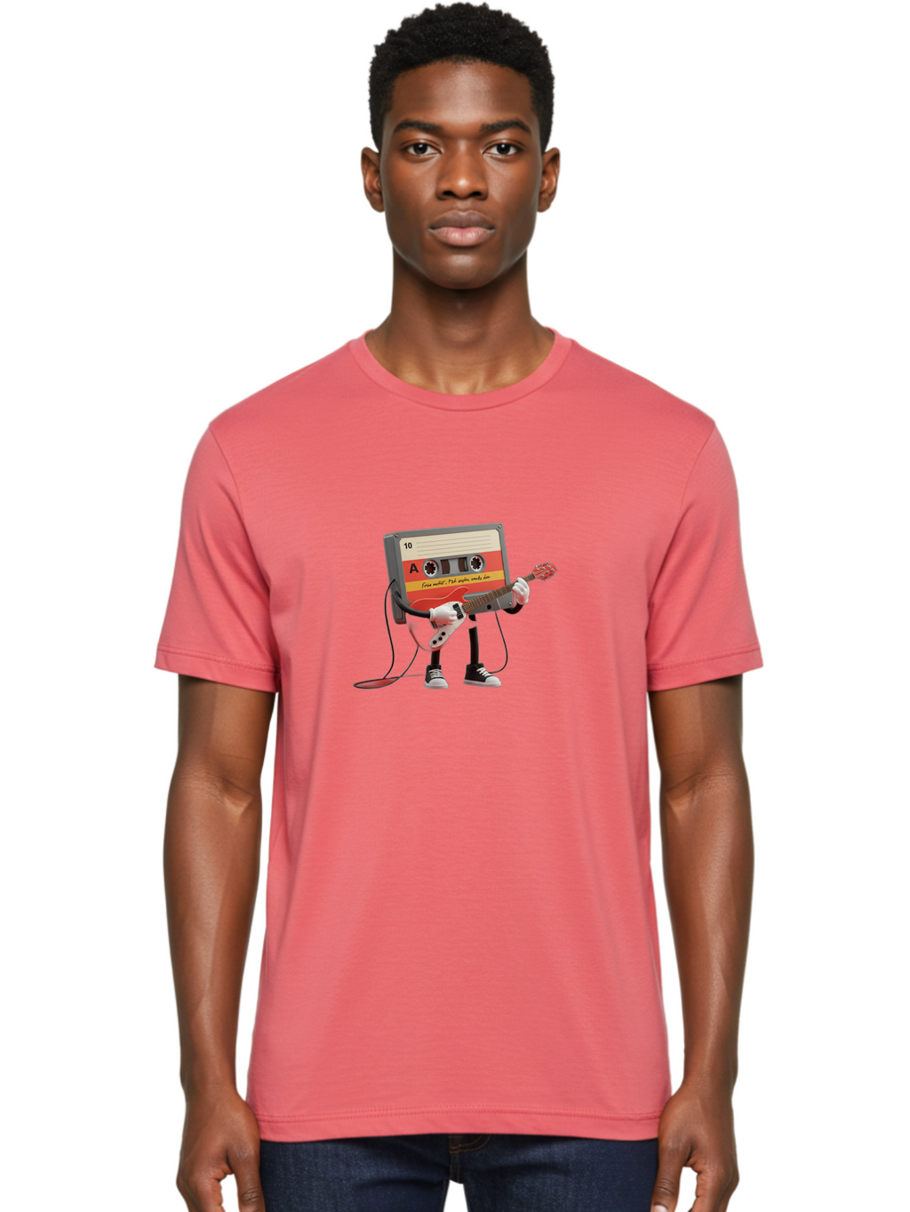 Cassette-Tape-Character-With-Guitar Men'S Graphic Tee, 100% Cotton, Comfortable Casual Summer Wear, Machine Washable, Cassette Tape Character, Playing Guitar, Music Lover, Retro Music, Nostalgic Vibe, 90S Music, Rock On, Guitar Hero, A10 Label Baa273