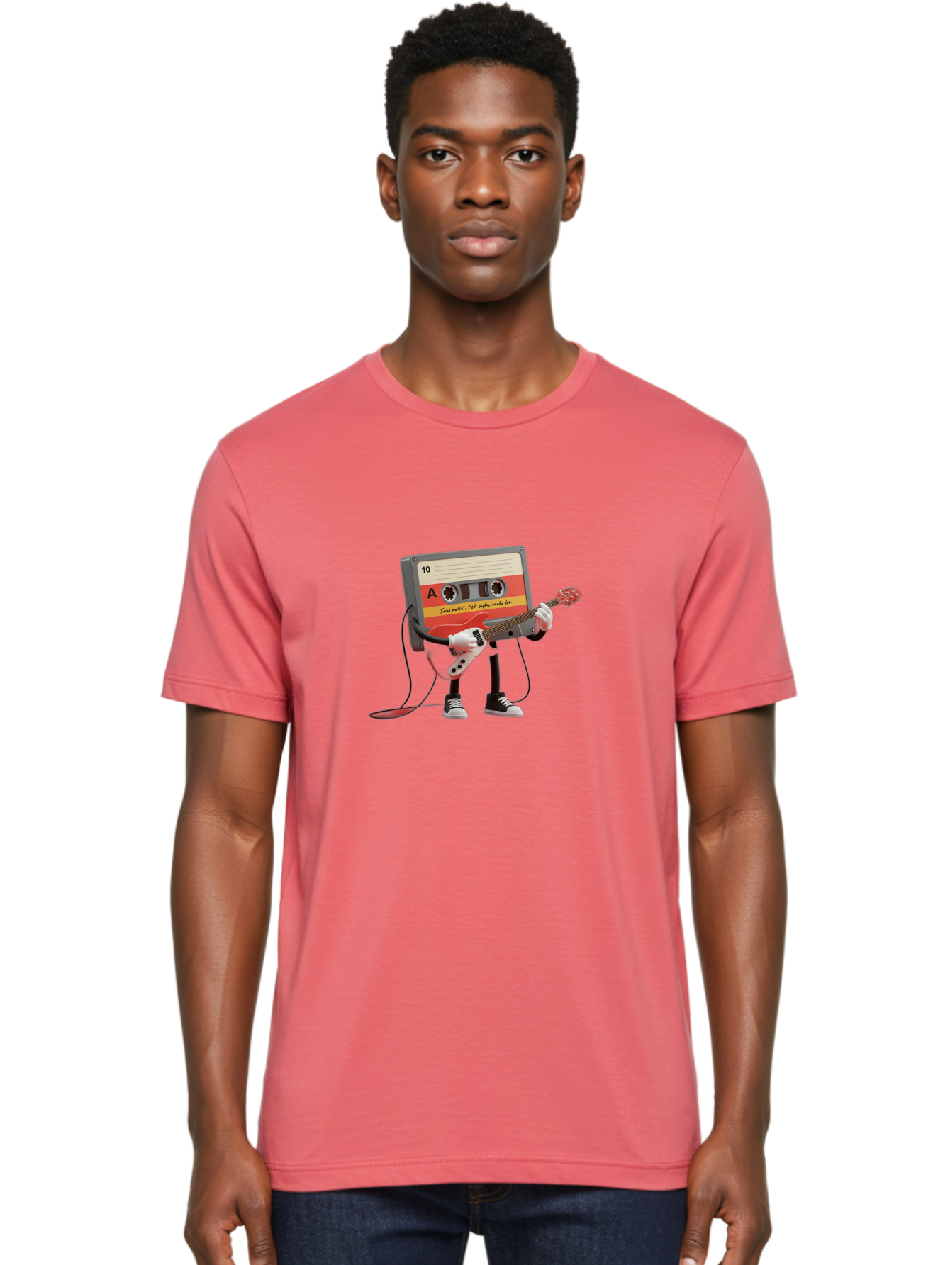 Cassette-Tape-Character-With-Guitar Men'S Graphic Tee, 100% Cotton, Comfortable Casual Summer Wear, Machine Washable, Cassette Tape Character, Playing Guitar, Music Lover, Retro Music, Nostalgic Vibe, 90S Music, Rock On, Guitar Hero, A10 Label Baa273
