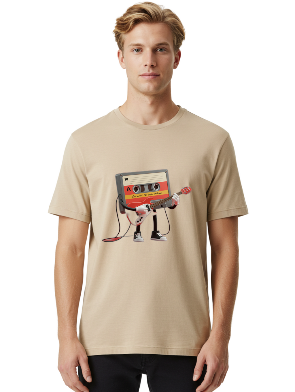 Cassette-Tape-Character-With-Guitar Men'S Graphic Tee, 100% Cotton, Comfortable Casual Summer Wear, Machine Washable, Cassette Tape Character, Playing Guitar, Music Lover, Retro Music, Nostalgic Vibe, 90S Music, Rock On, Guitar Hero, A10 Label Baa273