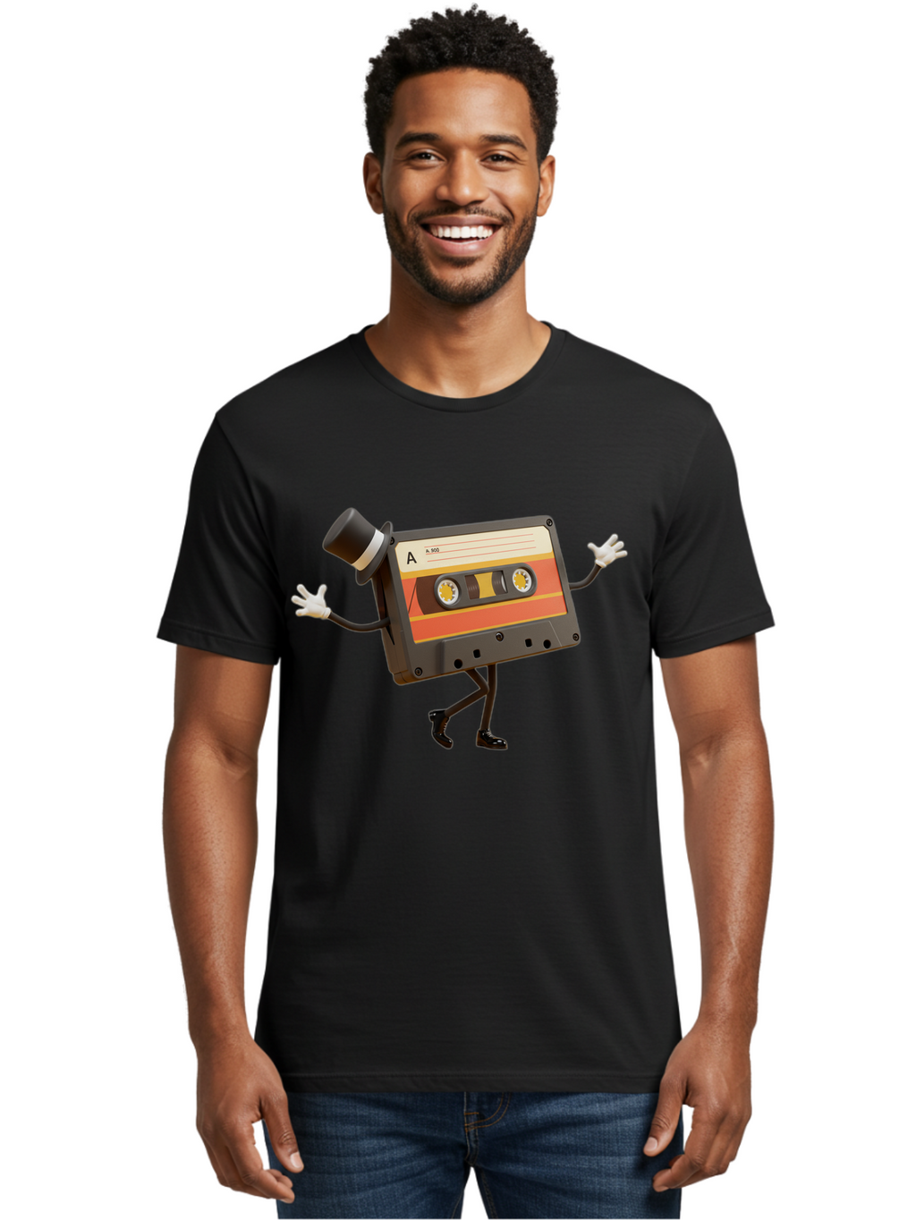 Cassette-Tape Men'S Graphic Tee, 100% Cotton, Comfortable Casual Summer Wear, Machine Washable, Retro Cassette Tape, Anthropomorphic Design, Top Hat, Gloves, Stick Figure Legs, Vintage Audio, Nostalgic Charm, Playful Illustration, Baa274