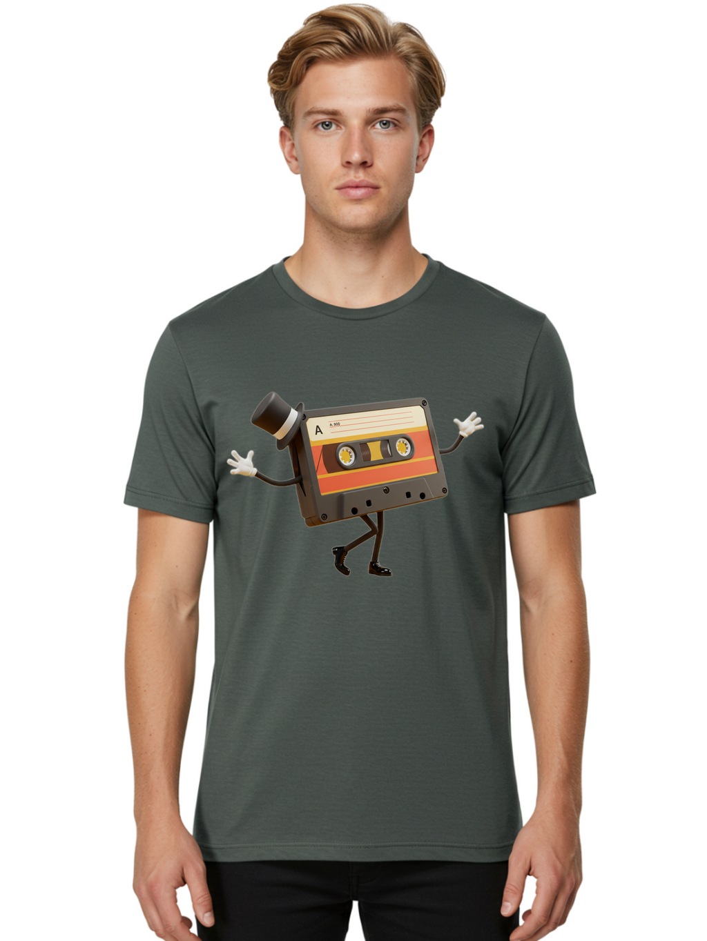 Cassette-Tape Men'S Graphic Tee, 100% Cotton, Comfortable Casual Summer Wear, Machine Washable, Retro Cassette Tape, Anthropomorphic Design, Top Hat, Gloves, Stick Figure Legs, Vintage Audio, Nostalgic Charm, Playful Illustration, Baa274