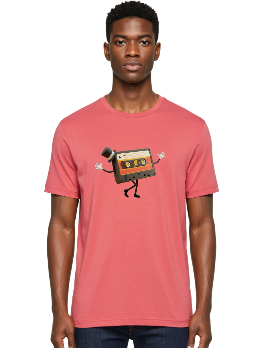 Cassette-Tape Men'S Graphic Tee, 100% Cotton, Comfortable Casual Summer Wear, Machine Washable, Retro Cassette Tape, Anthropomorphic Design, Top Hat, Gloves, Stick Figure Legs, Vintage Audio, Nostalgic Charm, Playful Illustration, Baa274
