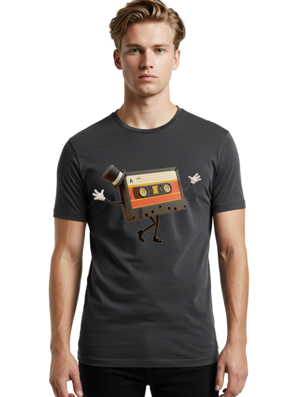 Cassette-Tape Men'S Graphic Tee, 100% Cotton, Comfortable Casual Summer Wear, Machine Washable, Retro Cassette Tape, Anthropomorphic Design, Top Hat, Gloves, Stick Figure Legs, Vintage Audio, Nostalgic Charm, Playful Illustration, Baa274