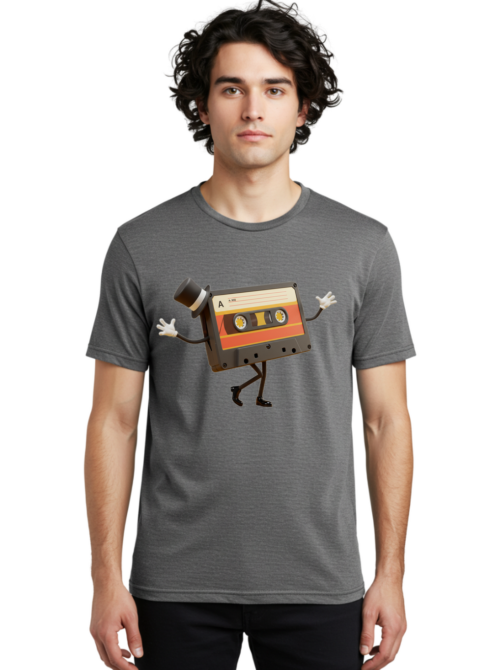 Cassette-Tape Men'S Graphic Tee, 100% Cotton, Comfortable Casual Summer Wear, Machine Washable, Retro Cassette Tape, Anthropomorphic Design, Top Hat, Gloves, Stick Figure Legs, Vintage Audio, Nostalgic Charm, Playful Illustration, Baa274