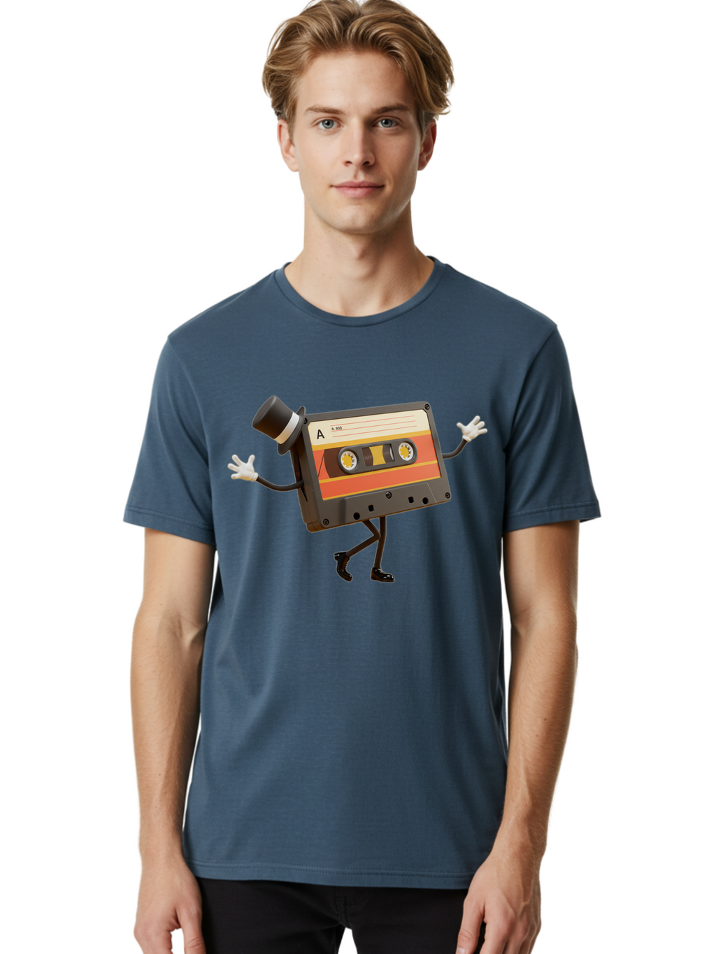 Cassette-Tape Men'S Graphic Tee, 100% Cotton, Comfortable Casual Summer Wear, Machine Washable, Retro Cassette Tape, Anthropomorphic Design, Top Hat, Gloves, Stick Figure Legs, Vintage Audio, Nostalgic Charm, Playful Illustration, Baa274