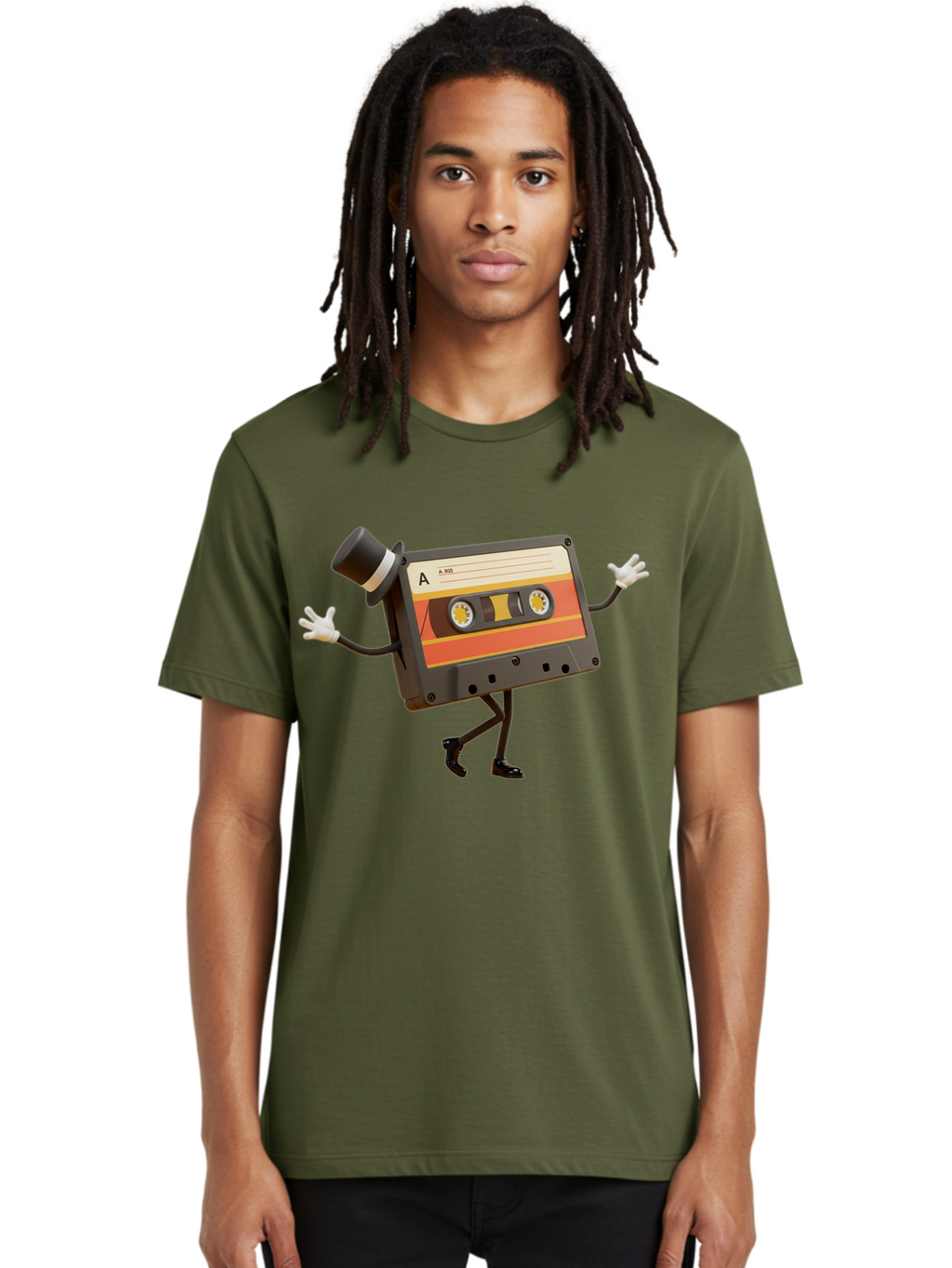 Cassette-Tape Men'S Graphic Tee, 100% Cotton, Comfortable Casual Summer Wear, Machine Washable, Retro Cassette Tape, Anthropomorphic Design, Top Hat, Gloves, Stick Figure Legs, Vintage Audio, Nostalgic Charm, Playful Illustration, Baa274