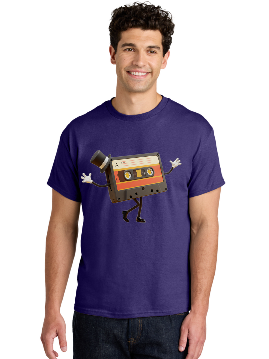 Cassette-Tape Men'S Graphic Tee, 100% Cotton, Comfortable Casual Summer Wear, Machine Washable, Retro Cassette Tape, Anthropomorphic Design, Top Hat, Gloves, Stick Figure Legs, Vintage Audio, Nostalgic Charm, Playful Illustration, Baa274