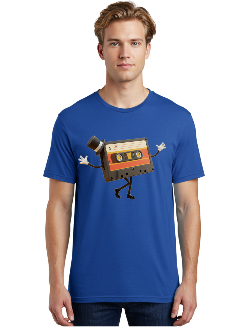 Cassette-Tape Men'S Graphic Tee, 100% Cotton, Comfortable Casual Summer Wear, Machine Washable, Retro Cassette Tape, Anthropomorphic Design, Top Hat, Gloves, Stick Figure Legs, Vintage Audio, Nostalgic Charm, Playful Illustration, Baa274