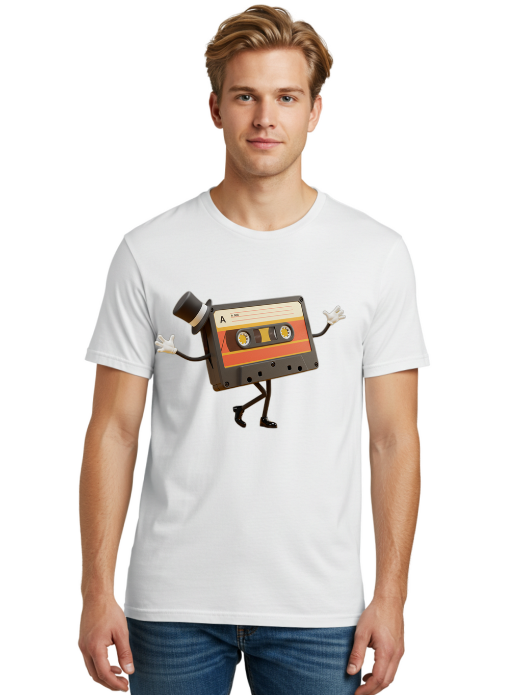 Cassette-Tape Men'S Graphic Tee, 100% Cotton, Comfortable Casual Summer Wear, Machine Washable, Retro Cassette Tape, Anthropomorphic Design, Top Hat, Gloves, Stick Figure Legs, Vintage Audio, Nostalgic Charm, Playful Illustration, Baa274