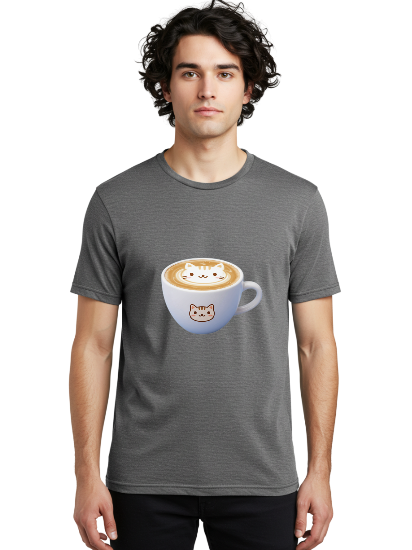 Cat-Coffee Men'S Graphic Tee, 100% Cotton, Comfortable Casual Summer Wear, Machine Washable, Cat Face Latte Art, Coffee Cup Design, Feline Illustration, Cute Cat Graphics, Coffee Culture, Latte Art, Adorable Cat Face Baa275
